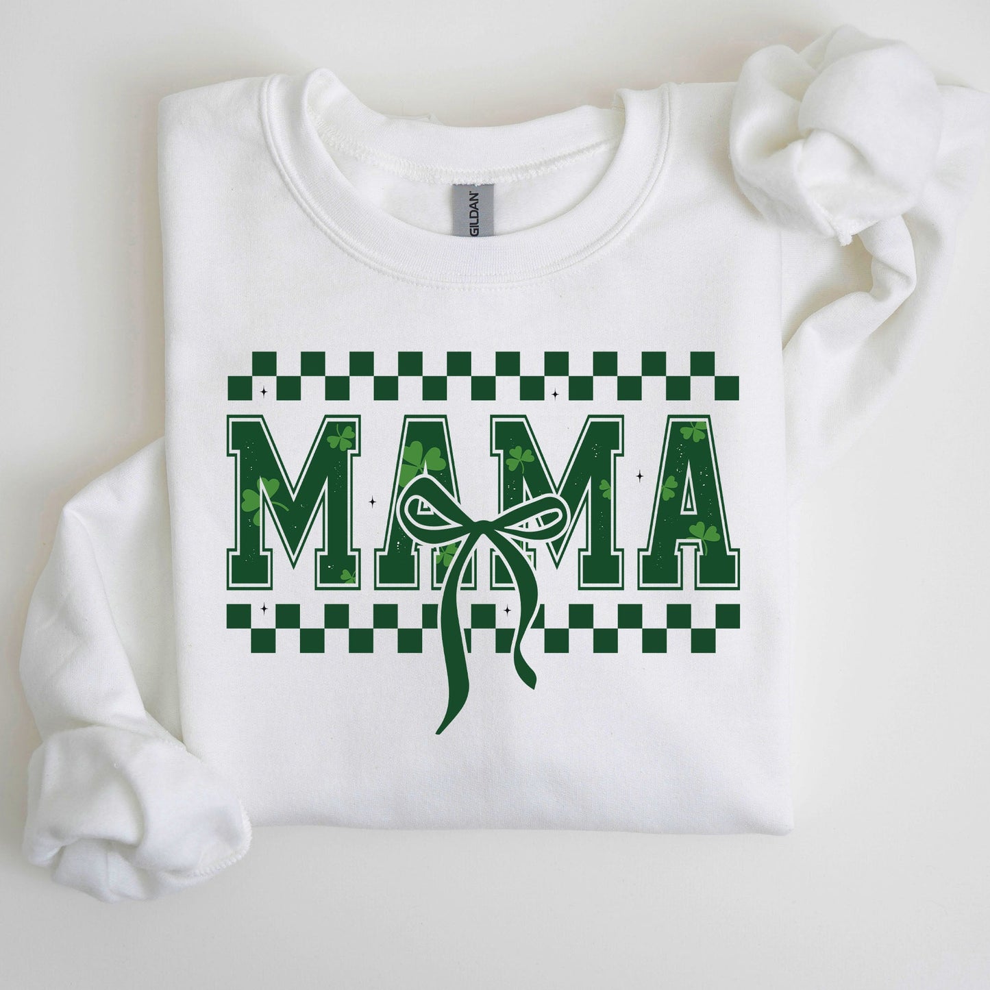 Checkered Mama, Vintage, St. Paddy's Day, Bow, Clover, Shamrock, Lucky, Irish, Lucky Charm, St Patrick's Day Sweatshirt