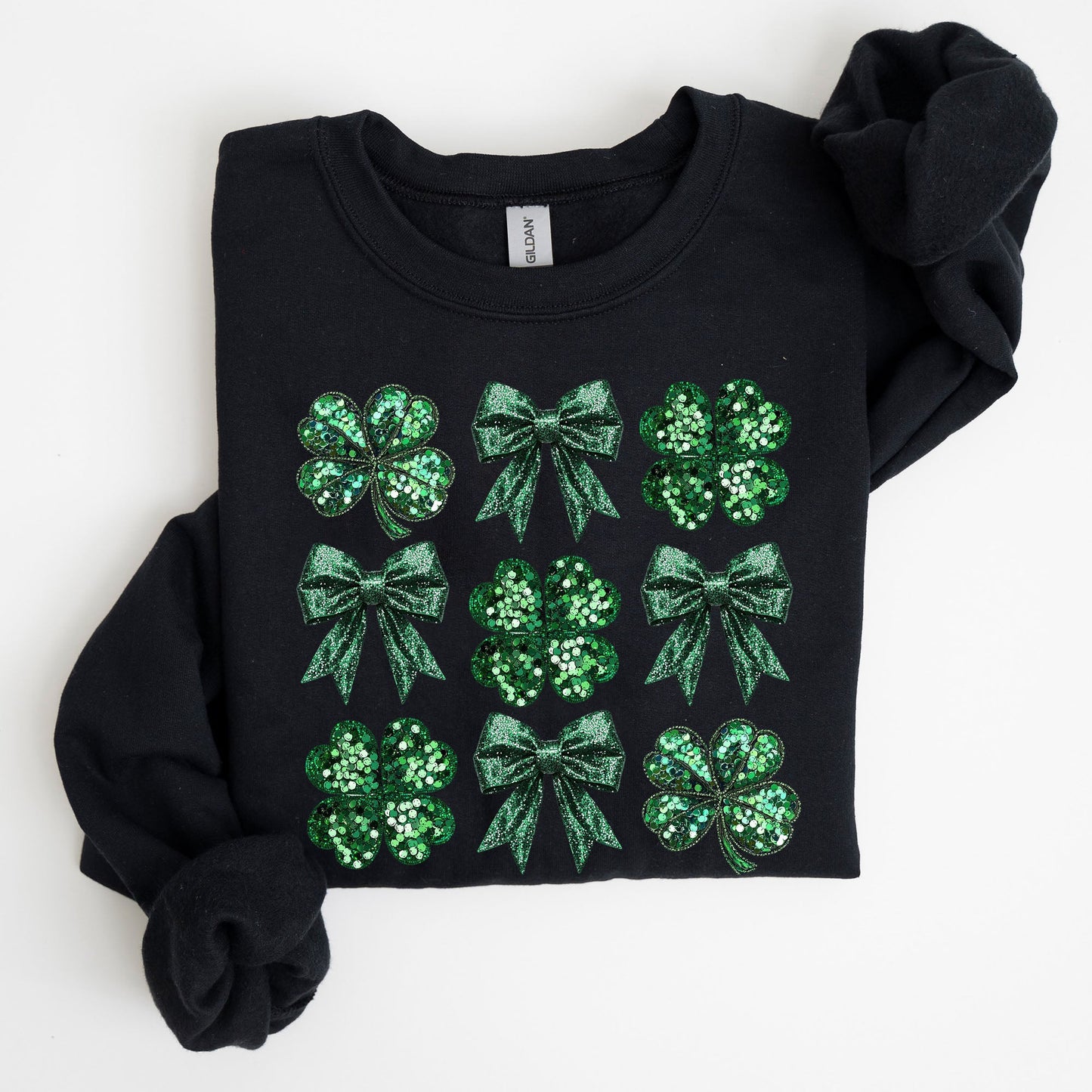 Sparkly Clover, Shamrock, Faux Sequins, Bow, Coquette, Lucky, Irish, Lucky Charm, St Patrick's Day Sweatshirt