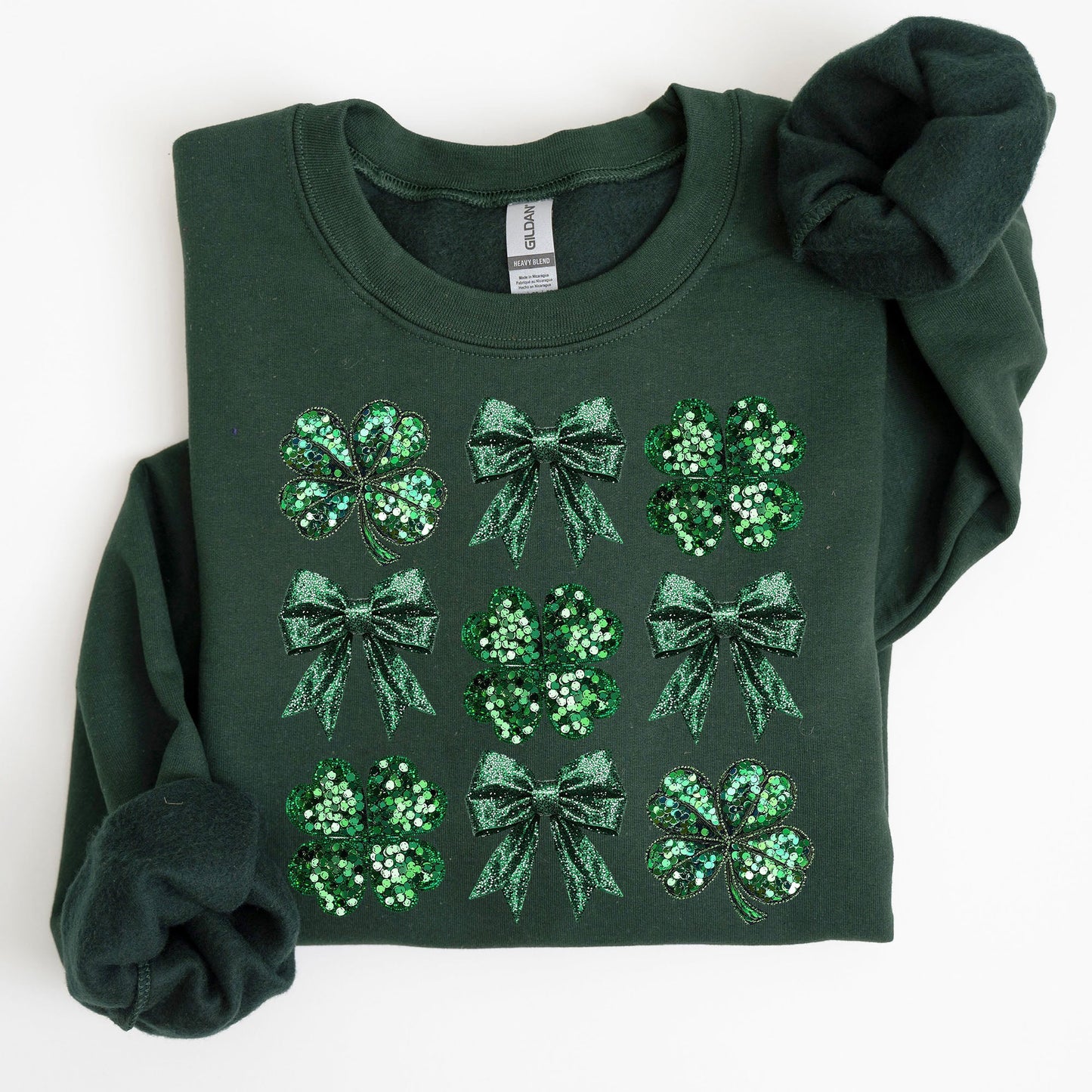 Sparkly Clover, Shamrock, Faux Sequins, Bow, Coquette, Lucky, Irish, Lucky Charm, St Patrick's Day Sweatshirt