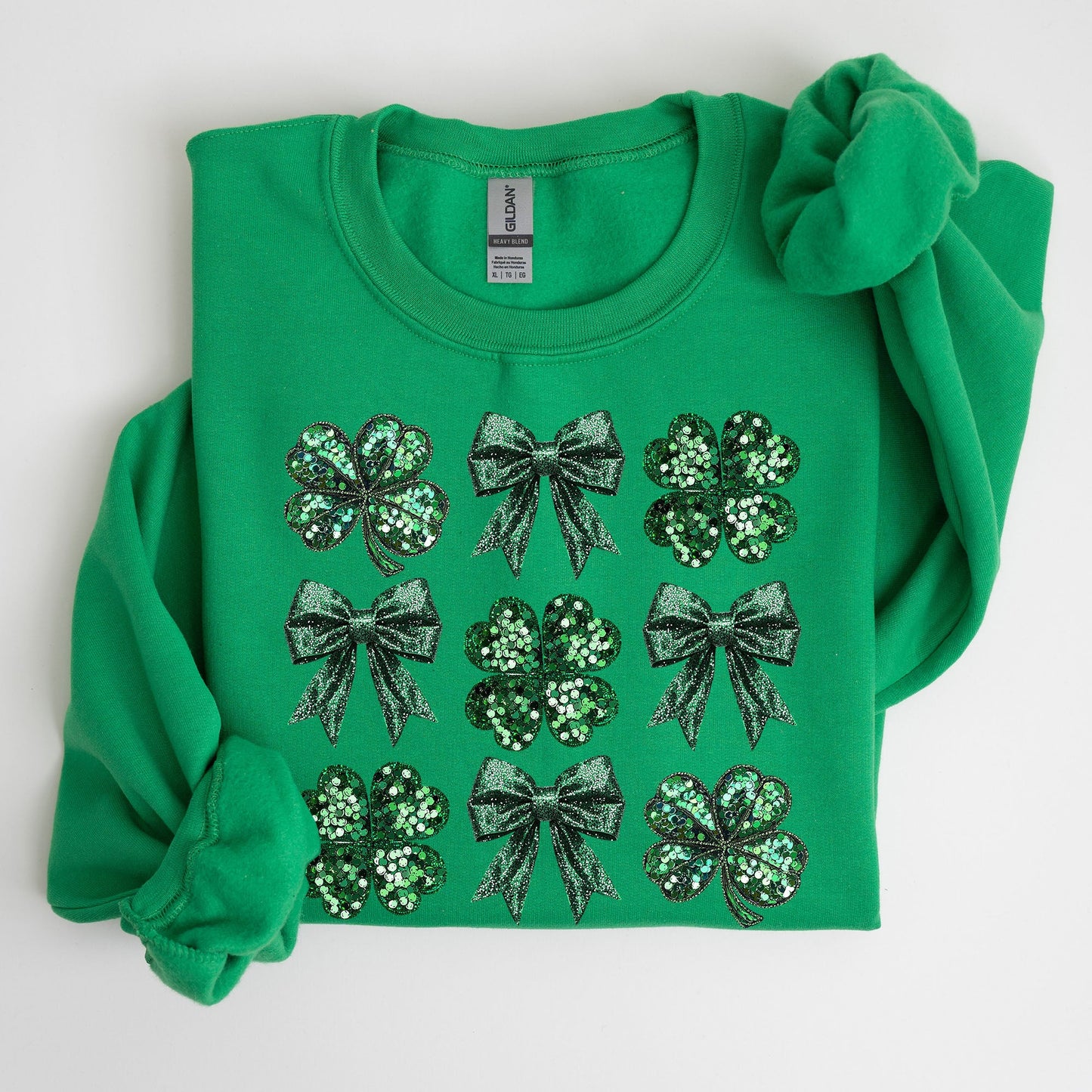 Sparkly Clover, Shamrock, Faux Sequins, Bow, Coquette, Lucky, Irish, Lucky Charm, St Patrick's Day Sweatshirt
