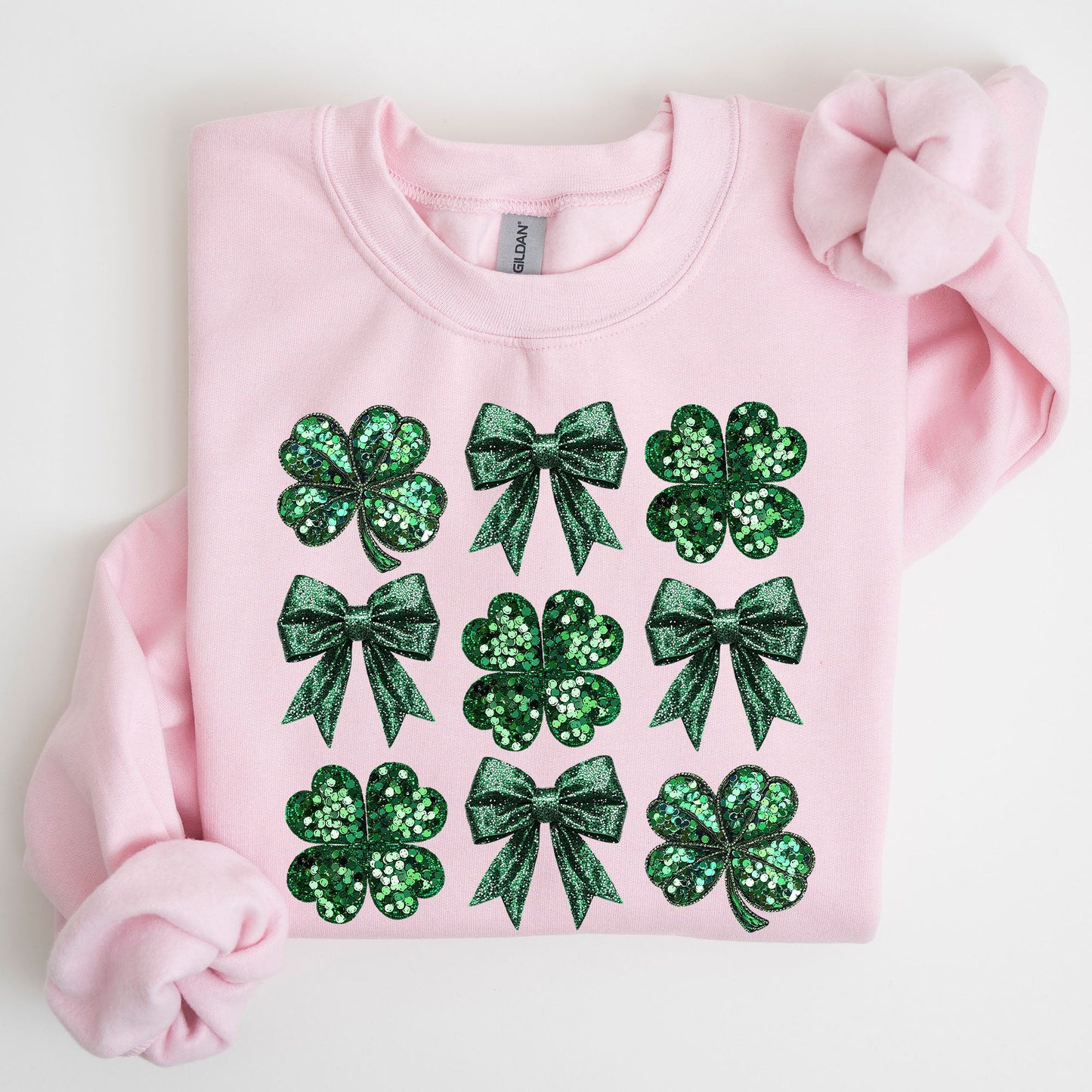 Sparkly Clover, Shamrock, Faux Sequins, Bow, Coquette, Lucky, Irish, Lucky Charm, St Patrick's Day Sweatshirt