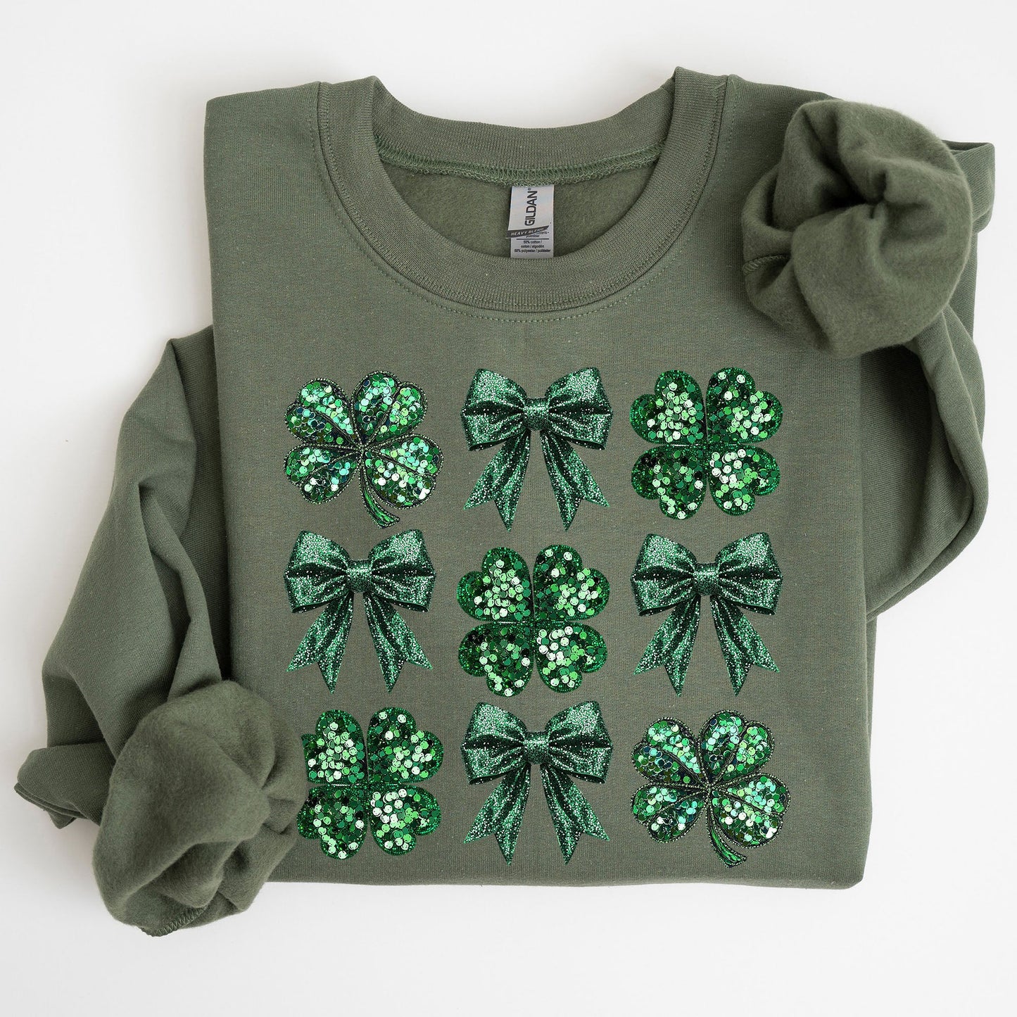 Sparkly Clover, Shamrock, Faux Sequins, Bow, Coquette, Lucky, Irish, Lucky Charm, St Patrick's Day Sweatshirt