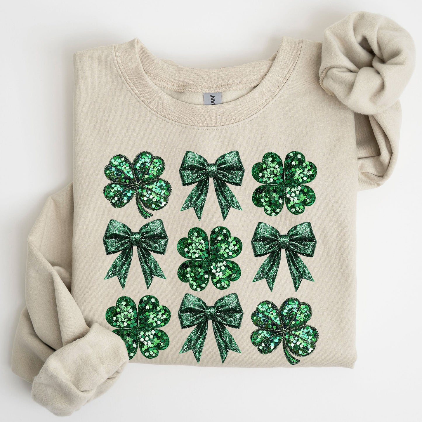 Sparkly Clover, Shamrock, Faux Sequins, Bow, Coquette, Lucky, Irish, Lucky Charm, St Patrick's Day Sweatshirt