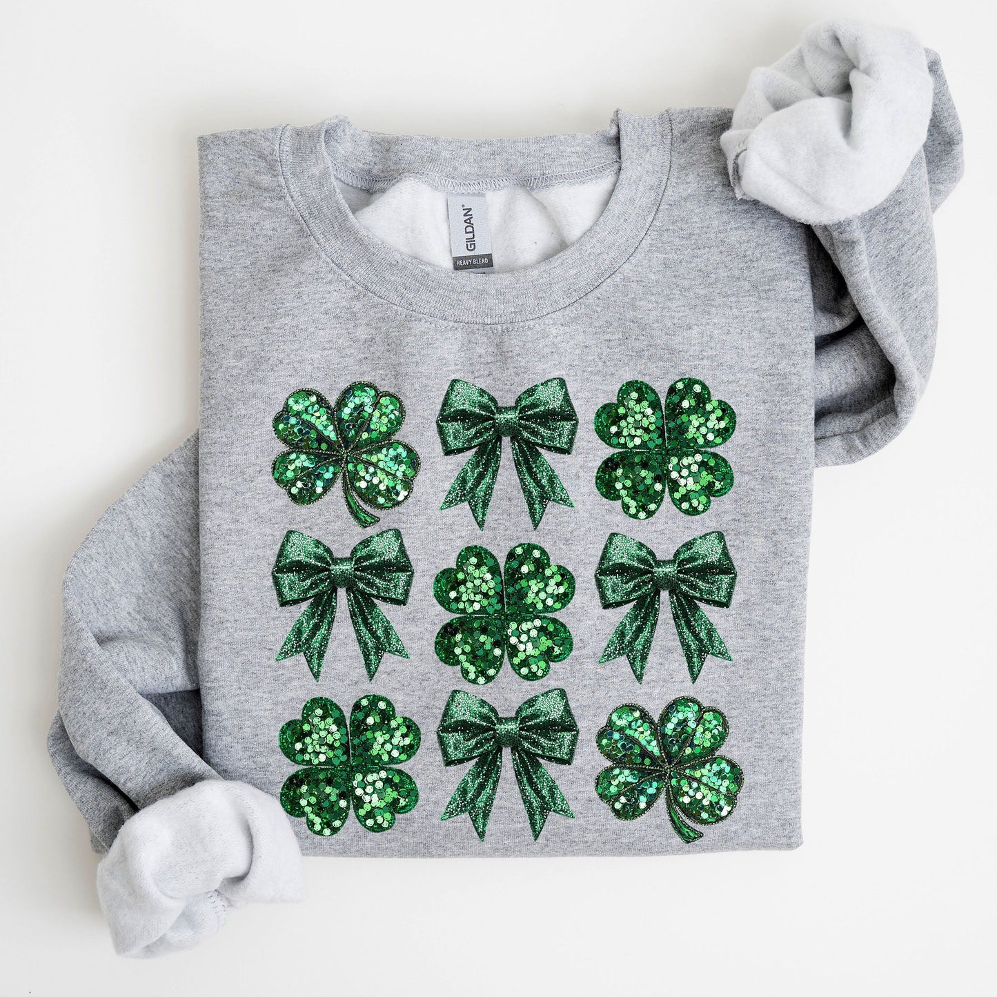 Sparkly Clover, Shamrock, Faux Sequins, Bow, Coquette, Lucky, Irish, Lucky Charm, St Patrick's Day Sweatshirt