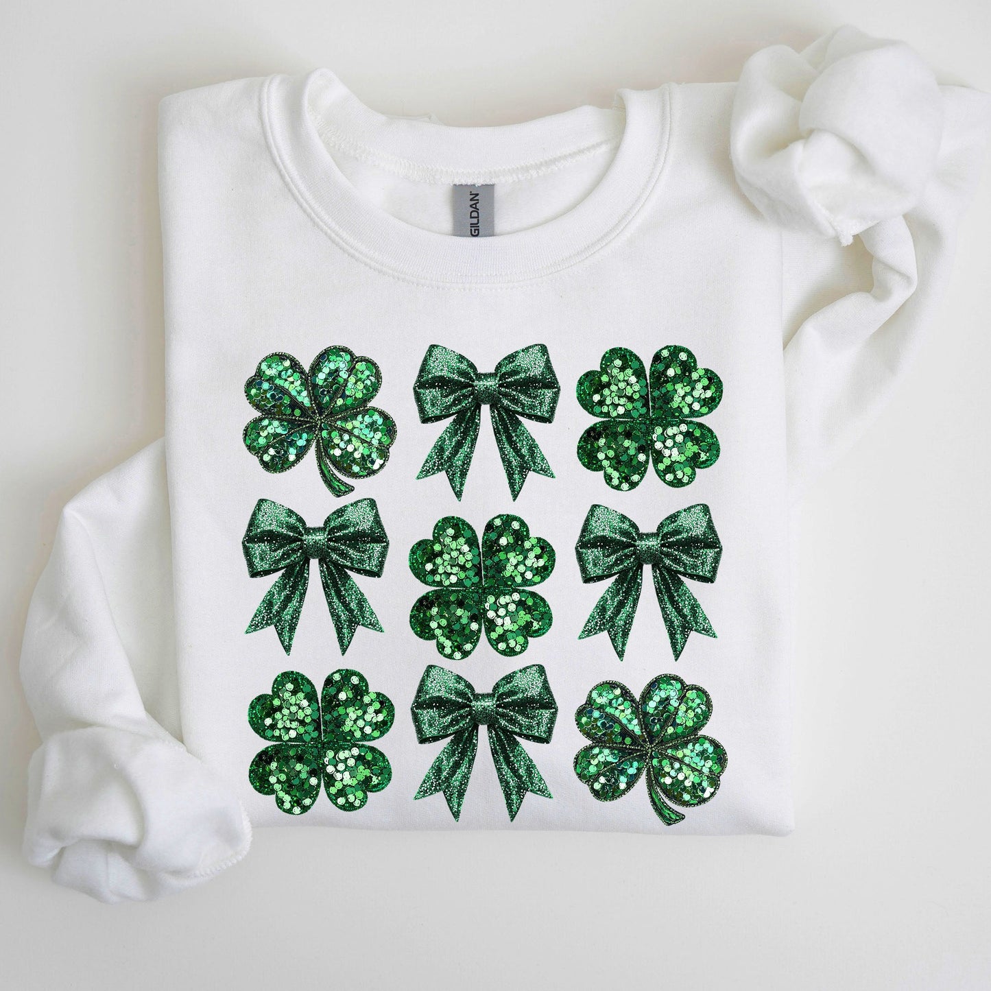 Sparkly Clover, Shamrock, Faux Sequins, Bow, Coquette, Lucky, Irish, Lucky Charm, St Patrick's Day Sweatshirt