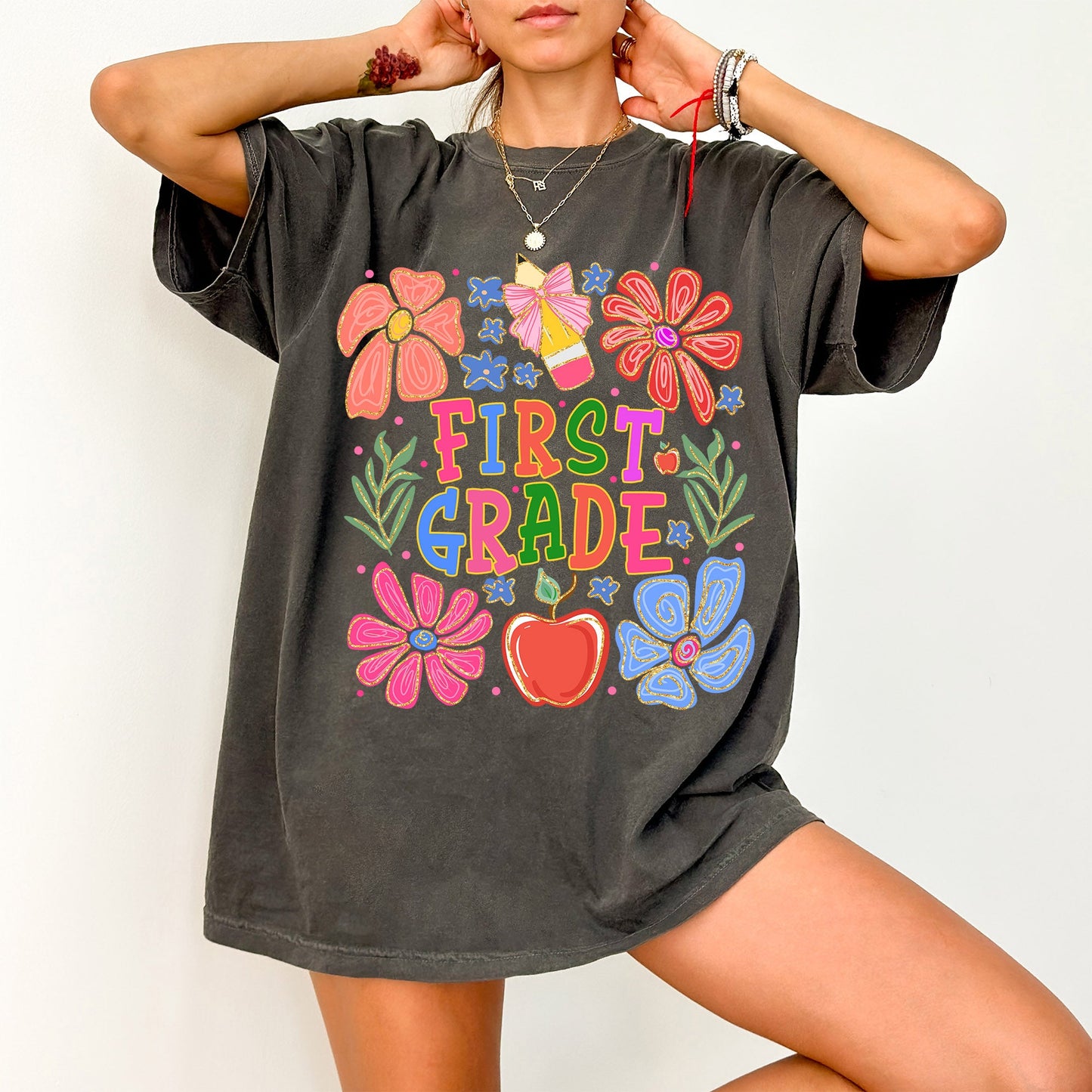 First Grade, Boho, Teacher, Back to School, Floral, First Day of School, Cute, Teacher Appreciation, Coquette, Comfort Colors T-Shirt