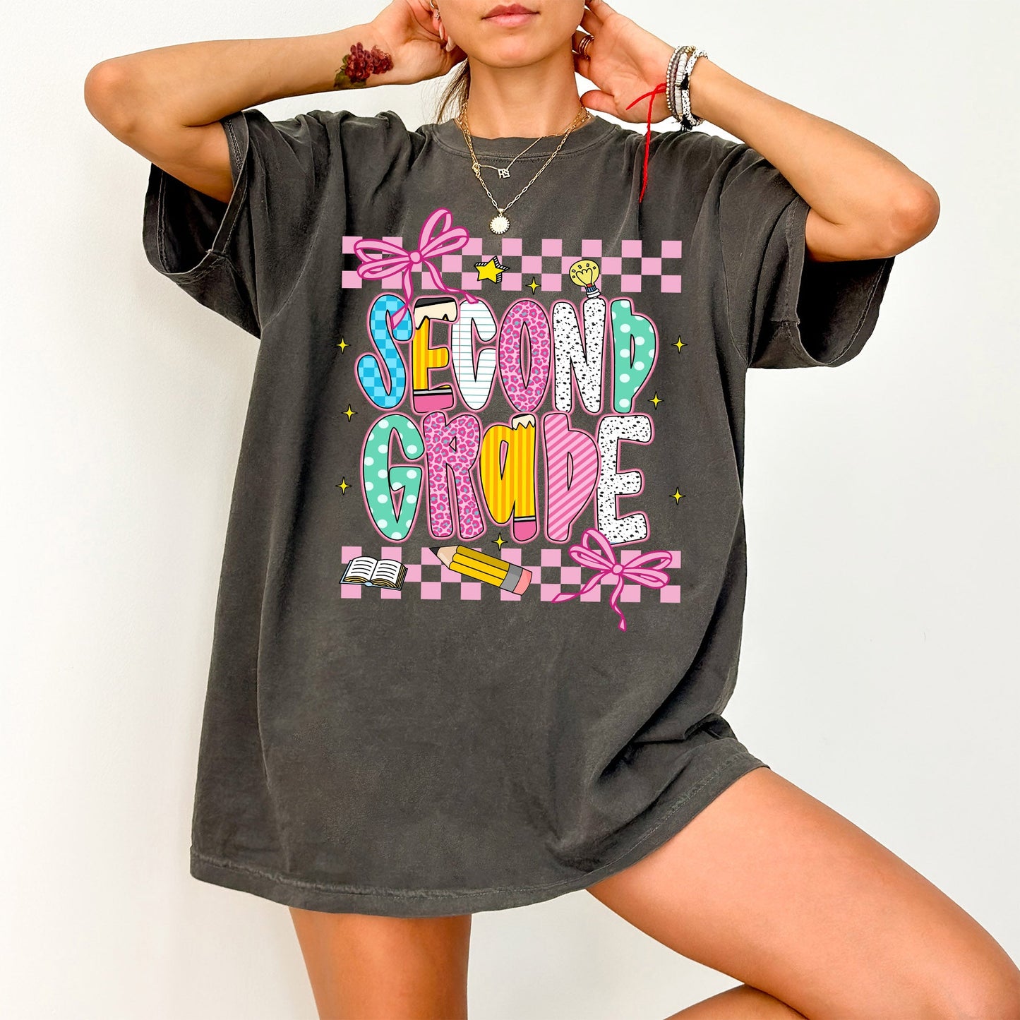 Second Grade, Teacher, Back to School, Checkered, Bow, First Day of School, Cute, Teacher Appreciation, Coquette, Comfort Colors T-Shirt