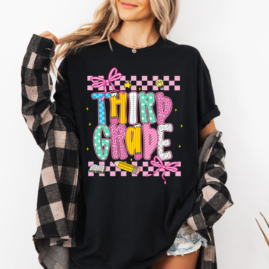 Third Grade, Teacher, Back to School, Checkered, Bow, First Day of School, Cute, Teacher Appreciation, Coquette, Comfort Colors T-Shirt