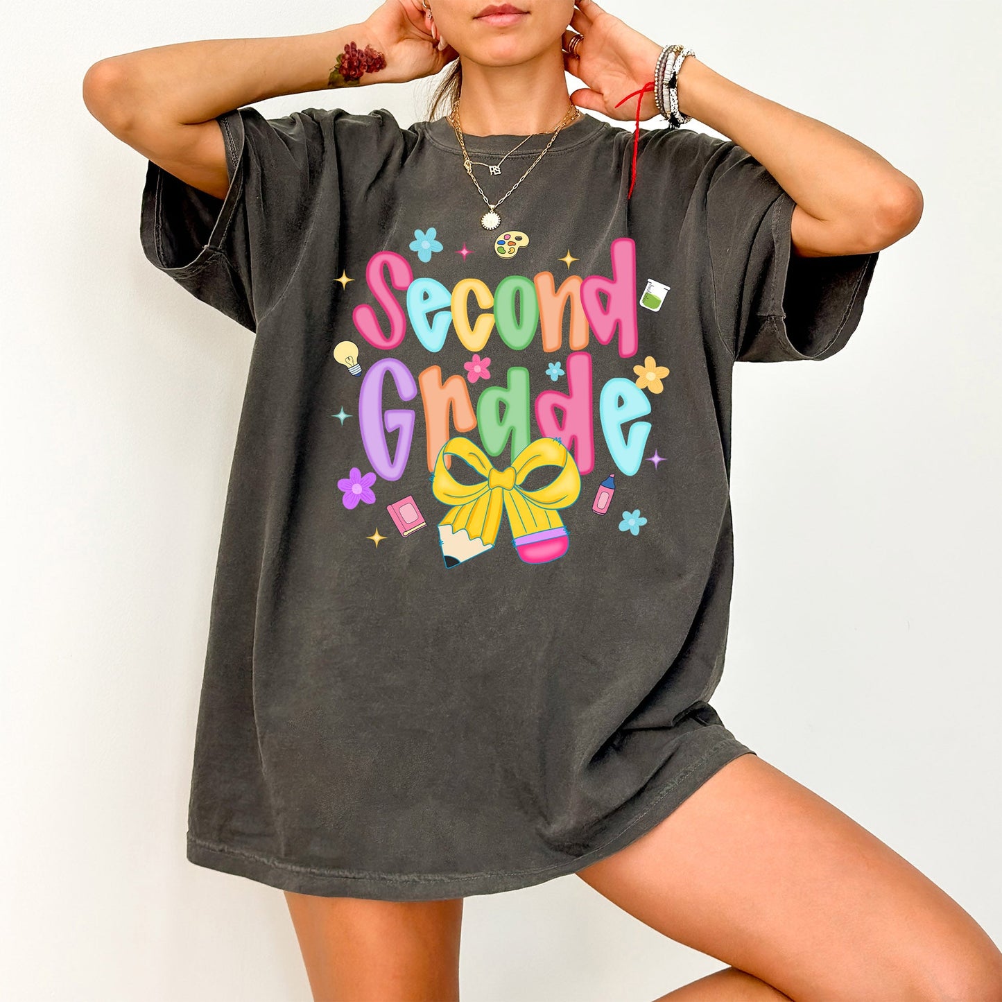 Second Grade, Teacher, Back to School, Neon, Bow, First Day of School, Cute, Teacher Appreciation, Coquette, Comfort Colors T-Shirt