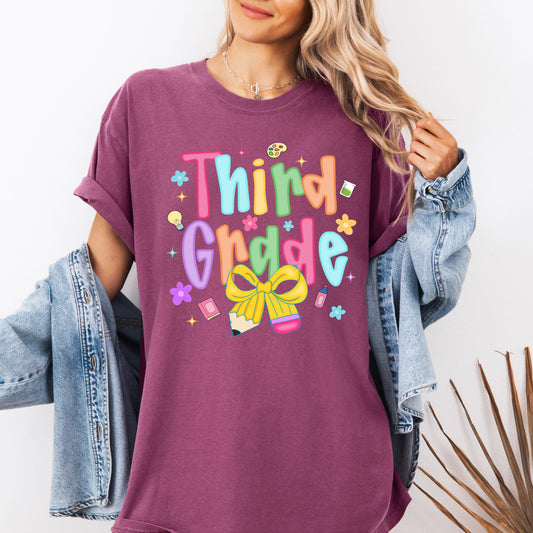 Third Grade, Teacher, Back to School, Neon, Bow, First Day of School, Cute, Teacher Appreciation, Coquette, Comfort Colors T-Shirt