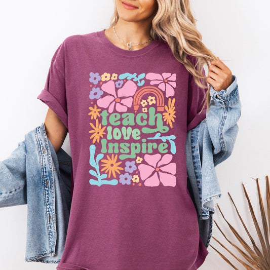 Teach Love Inspire, Teacher, Boho, Floral, Back to School, First Day of School, Cute, Teacher Appreciation, Coquette, Comfort Colors T-Shirt
