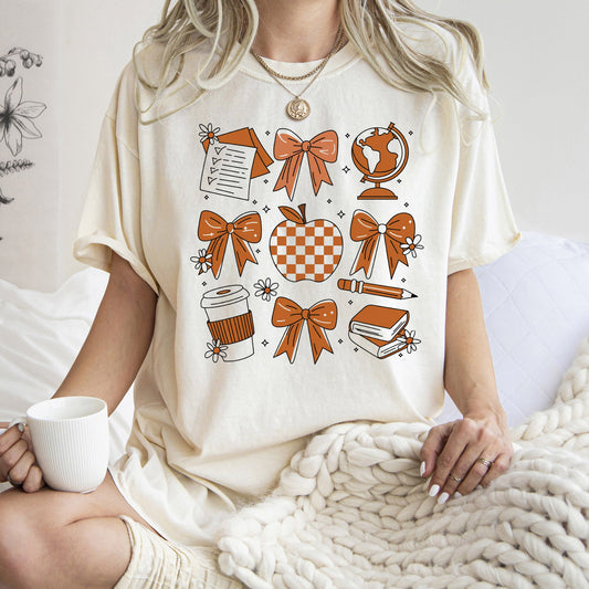 Back to School, Bow, Teacher Icons, Coffee, First Day of School, Cute, Teacher Appreciation, Coquette, Comfort Colors T-Shirt