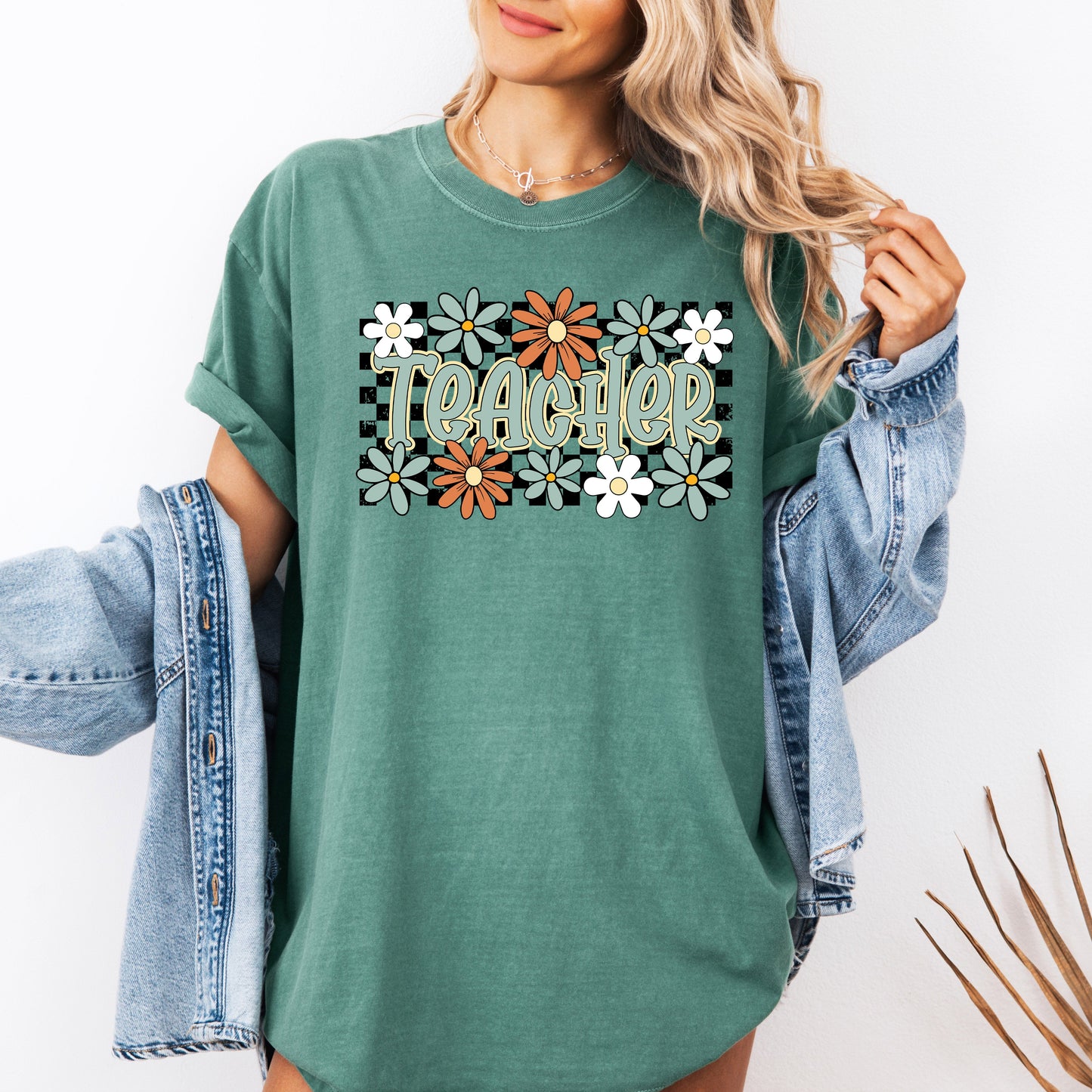 Teacher, Checkered, Floral, Boho, Retro, First Day of School, Cute, Teacher Appreciation, Coquette, Comfort Colors T-Shirt