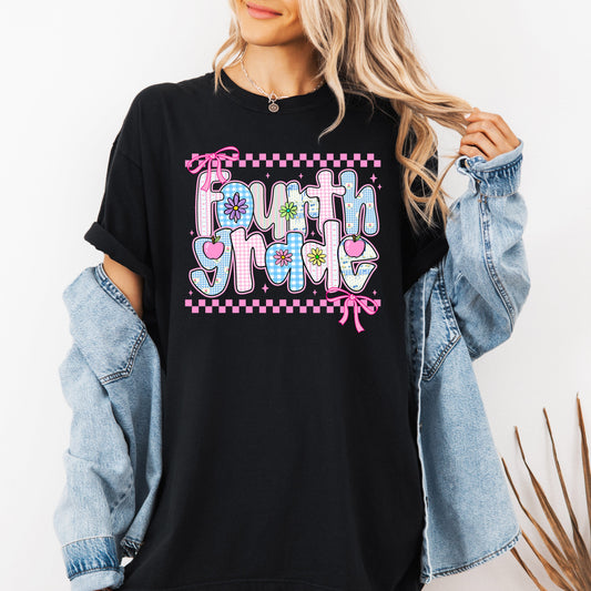 Fourth Grade Teacher, Retro, Checkered, Back to School, First Day of School, Cute, Teacher Appreciation, Coquette, Comfort Colors T-Shirt