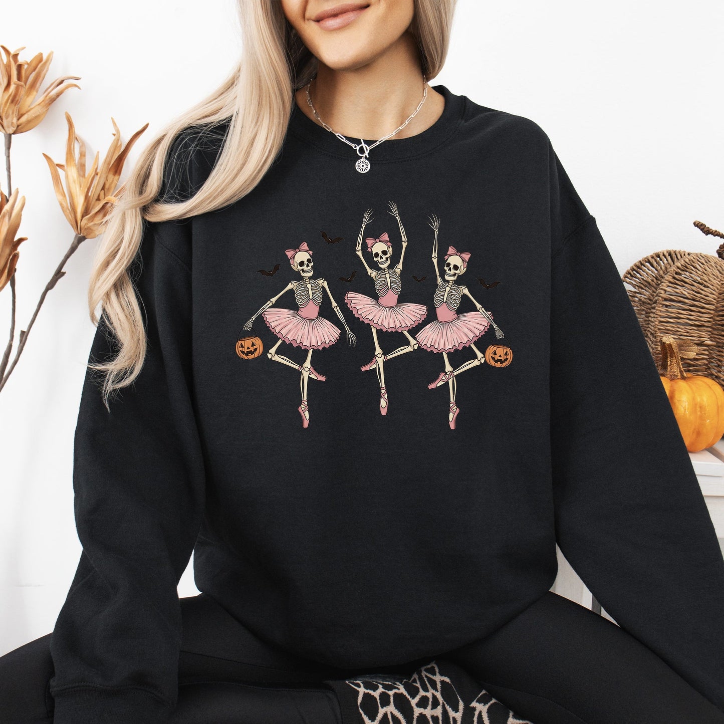 Dancing Skeleton Girls, Halloween, Ghost, Checkered, Retro, Vintage, Spooky, Costume, Fall, Graphic Sweatshirt