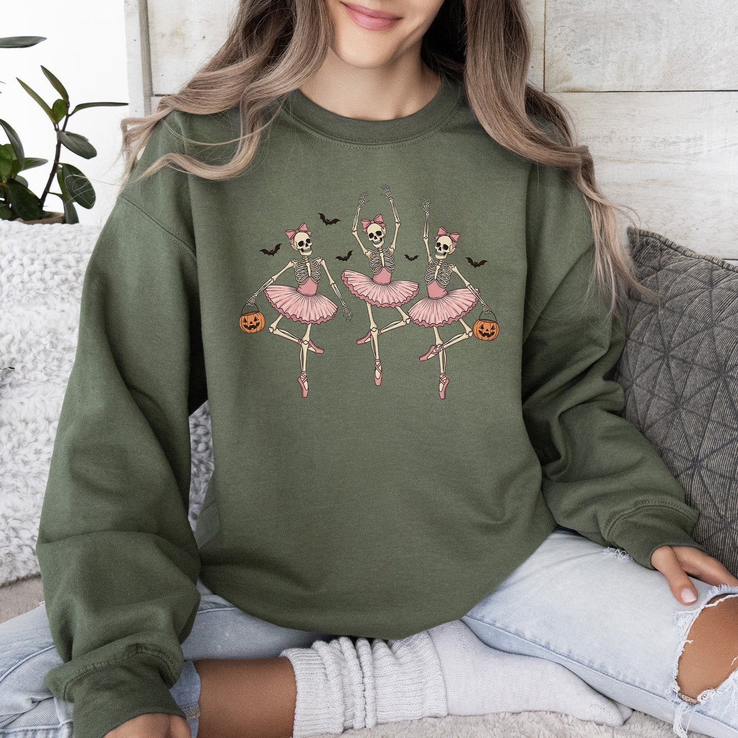 Dancing Skeleton Girls, Halloween, Ghost, Checkered, Retro, Vintage, Spooky, Costume, Fall, Graphic Sweatshirt