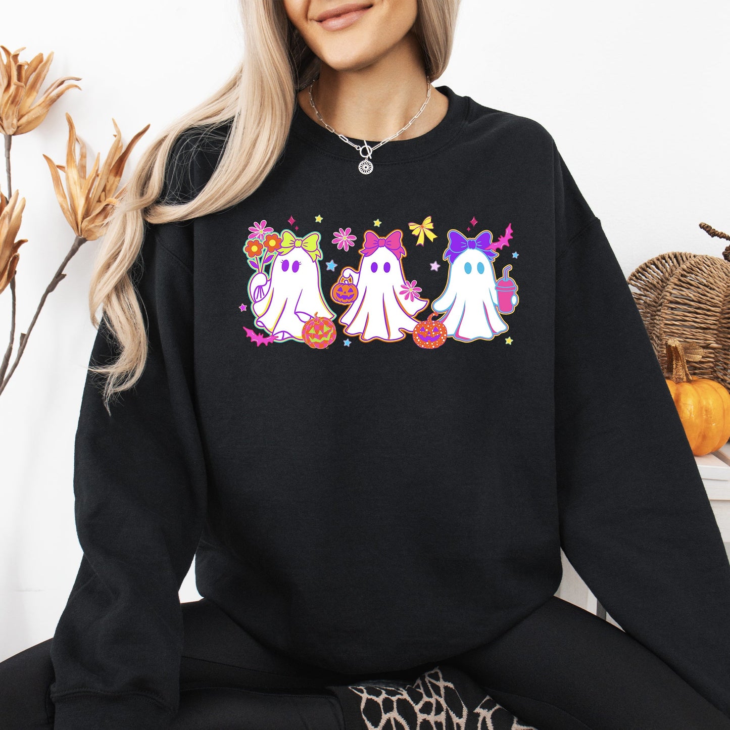 Cute Neon Ghosts, Halloween, Checkered, Retro, Vintage, Spooky, Costume, Fall, Graphic Sweatshirt