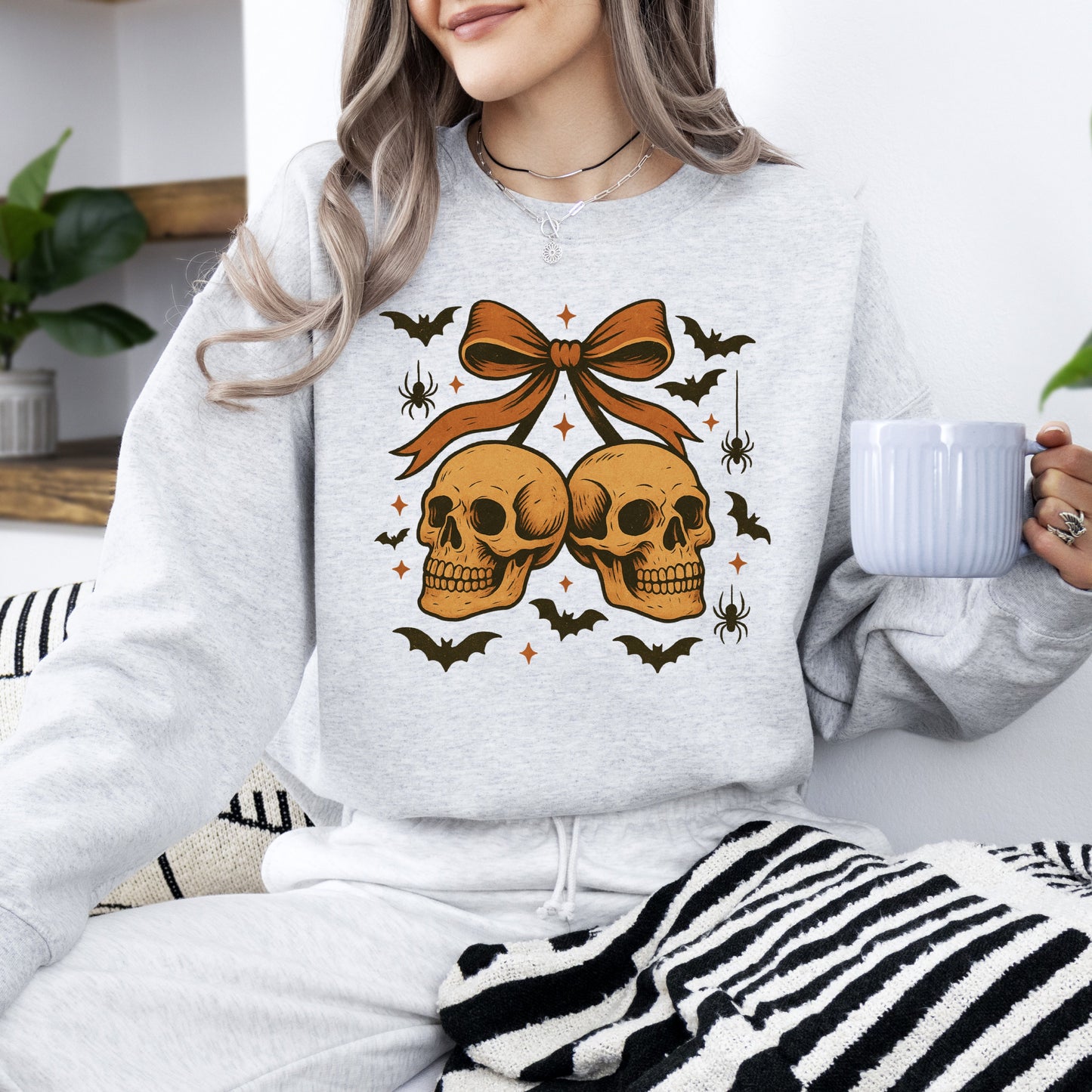 Skull Bow, Coquette, Bats, Ghost, Western, Halloween, Retro, Vintage, Spooky, Costume, Fall, Graphic Sweatshirt