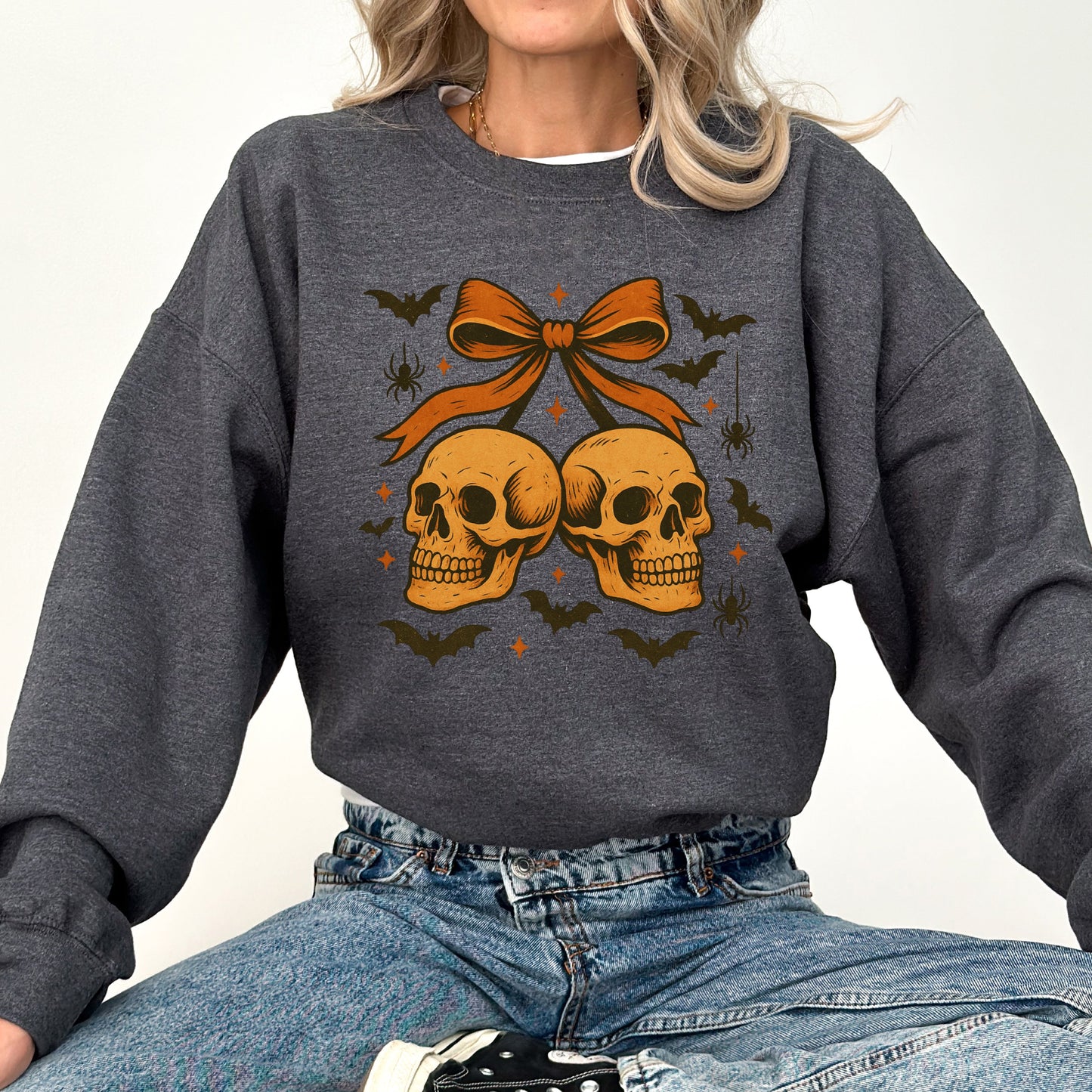 Skull Bow, Coquette, Bats, Ghost, Western, Halloween, Retro, Vintage, Spooky, Costume, Fall, Graphic Sweatshirt