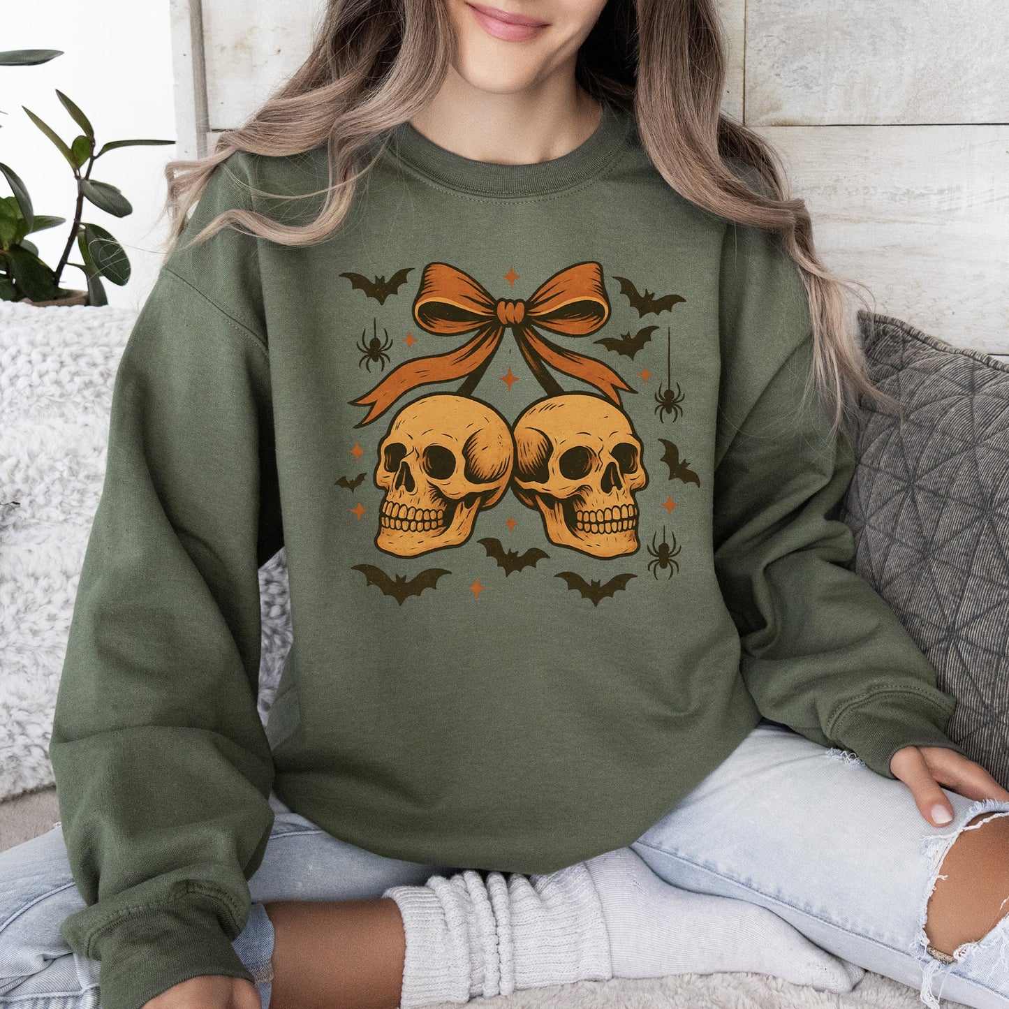 Skull Bow, Coquette, Bats, Ghost, Western, Halloween, Retro, Vintage, Spooky, Costume, Fall, Graphic Sweatshirt