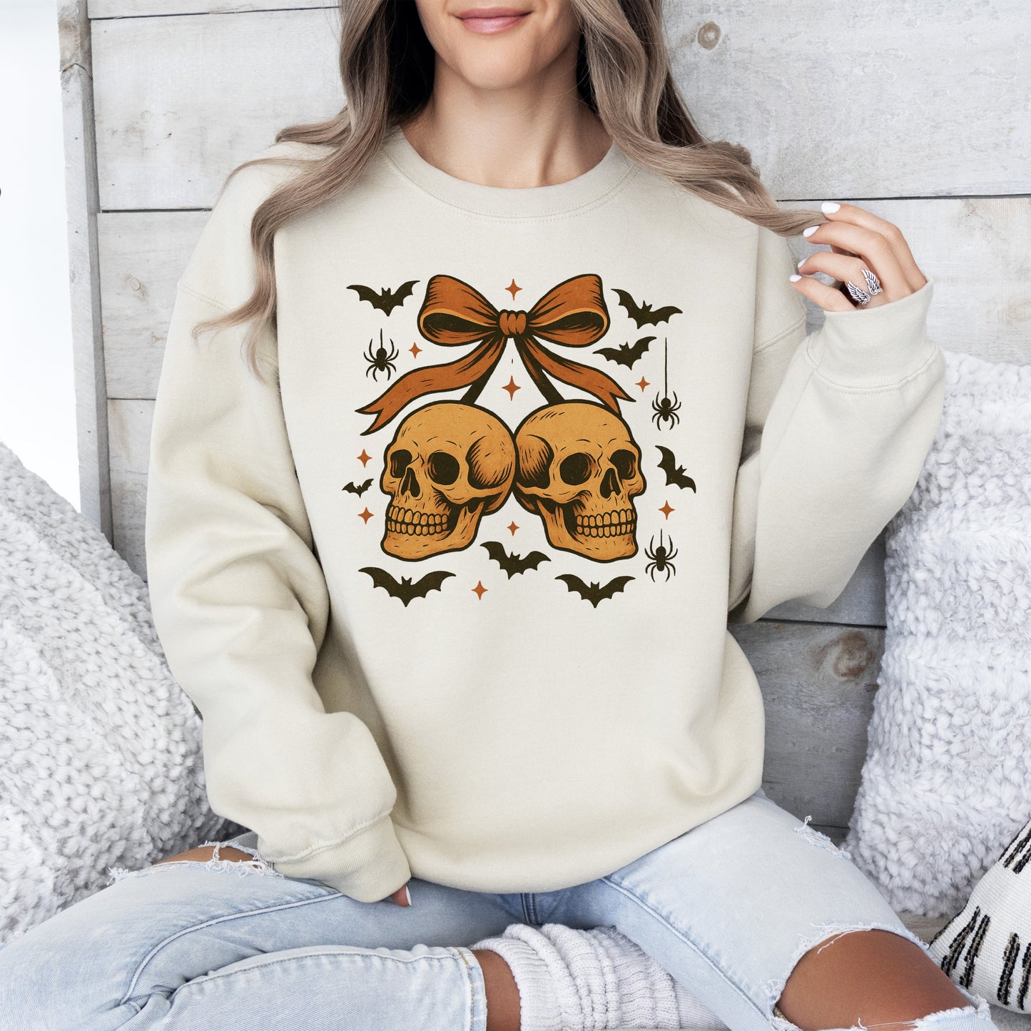 Skull Bow, Coquette, Bats, Ghost, Western, Halloween, Retro, Vintage, Spooky, Costume, Fall, Graphic Sweatshirt