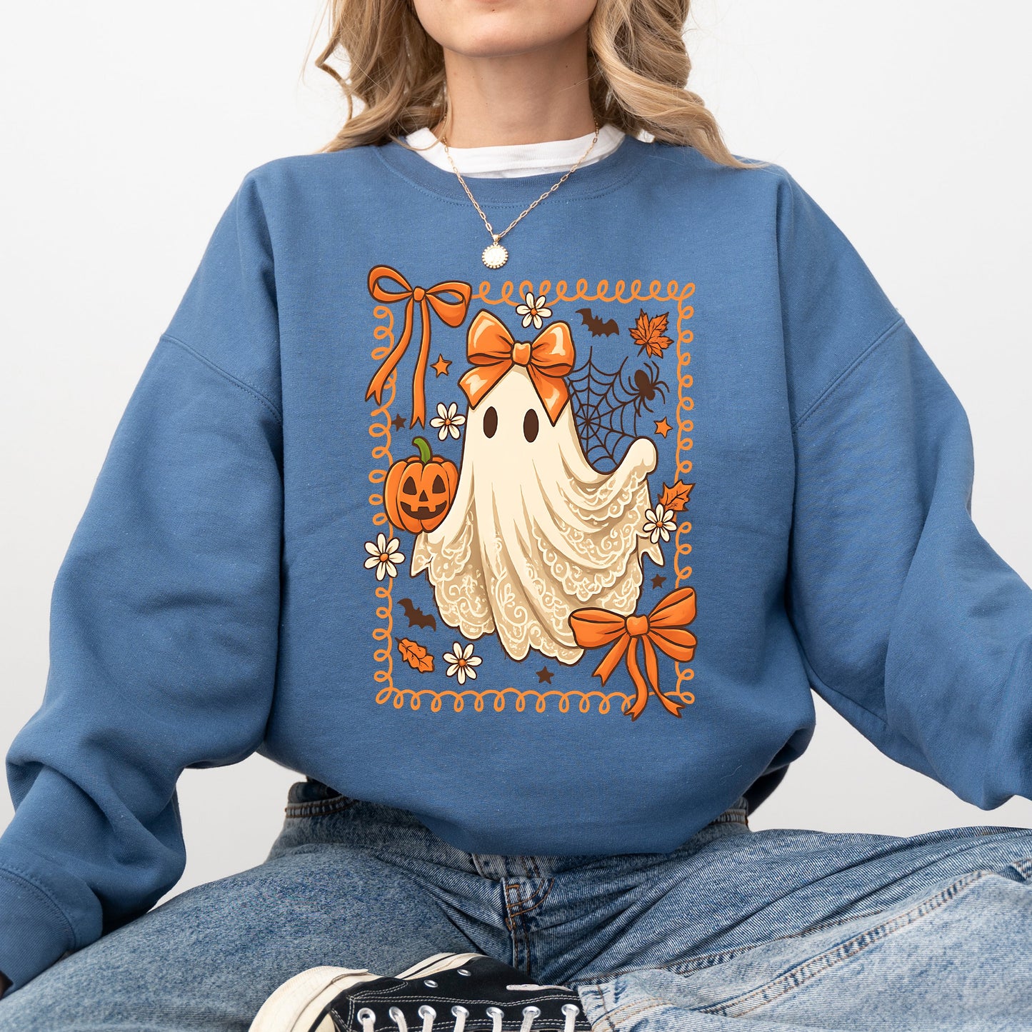 Cute Ghost, Bow, Coquette, Lace, Pumpkin, Halloween, Retro, Vintage, Spooky, Costume, Fall, Graphic Sweatshirt