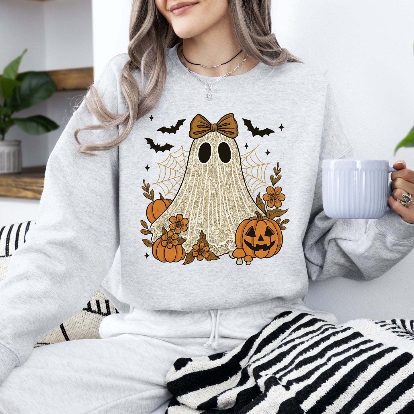 Cute Ghost, Bow, Coquette, Bats, Lace, Halloween, Retro, Vintage, Spooky, Costume, Fall, Graphic Sweatshirt