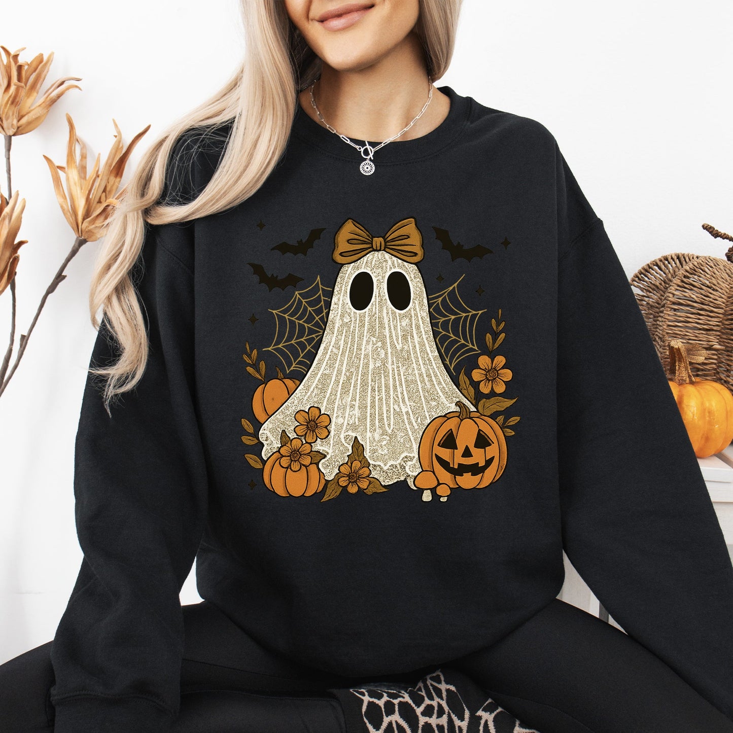 Cute Ghost, Bow, Coquette, Bats, Lace, Halloween, Retro, Vintage, Spooky, Costume, Fall, Graphic Sweatshirt