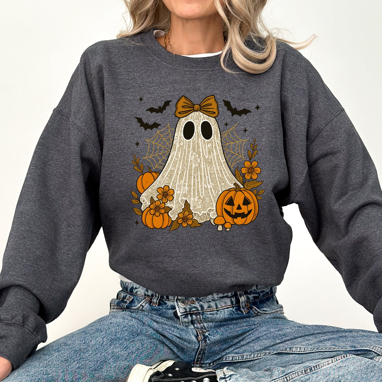 Cute Ghost, Bow, Coquette, Bats, Lace, Halloween, Retro, Vintage, Spooky, Costume, Fall, Graphic Sweatshirt