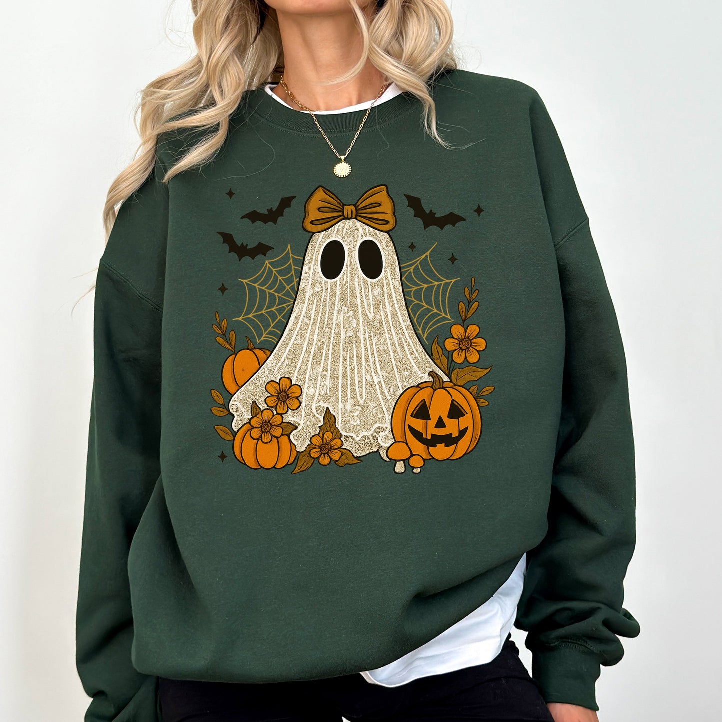 Cute Ghost, Bow, Coquette, Bats, Lace, Halloween, Retro, Vintage, Spooky, Costume, Fall, Graphic Sweatshirt