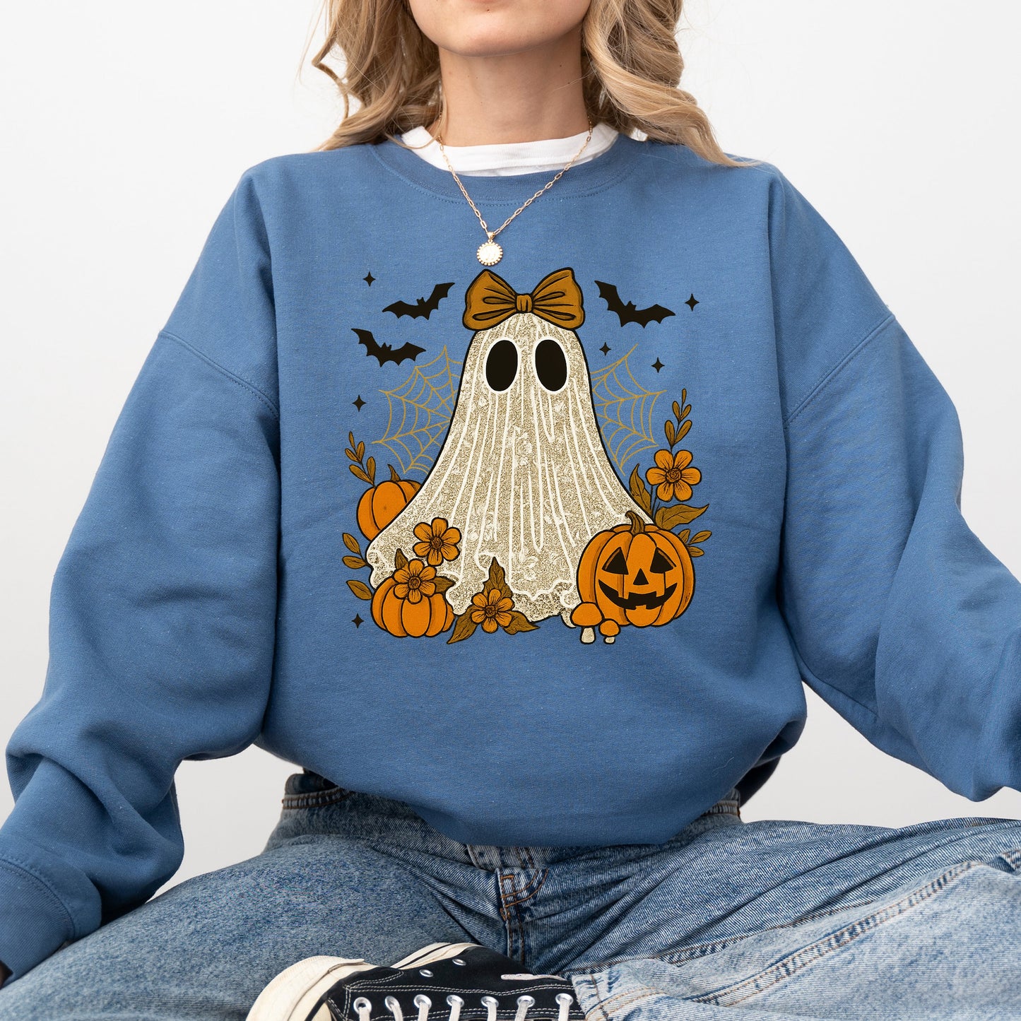 Cute Ghost, Bow, Coquette, Bats, Lace, Halloween, Retro, Vintage, Spooky, Costume, Fall, Graphic Sweatshirt