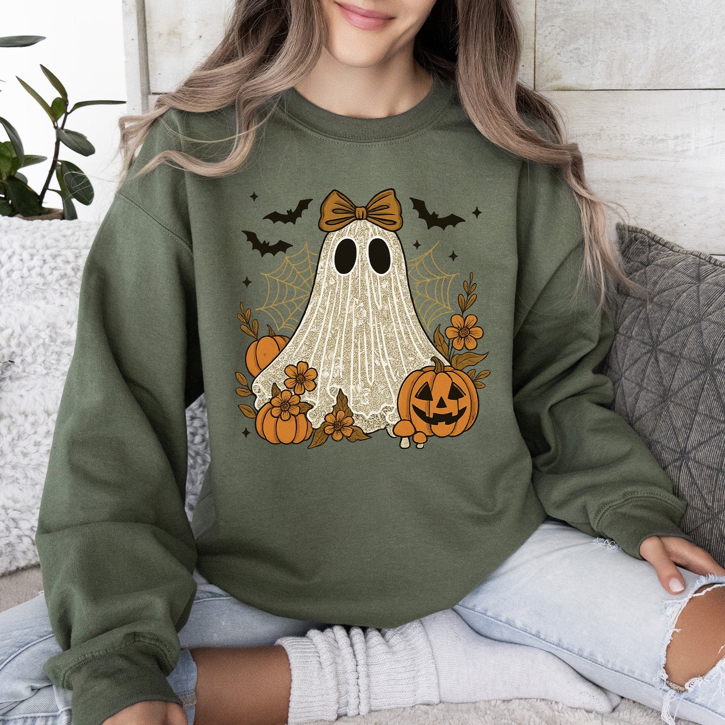 Cute Ghost, Bow, Coquette, Bats, Lace, Halloween, Retro, Vintage, Spooky, Costume, Fall, Graphic Sweatshirt