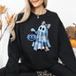 Cute Blue Ghost, Patchwork, Trick or Treat, Witch, Bow, Coquette, Pumpkin, Halloween, Floral, Retro, Spooky, Costume, Fall, Graphic Sweatshirt