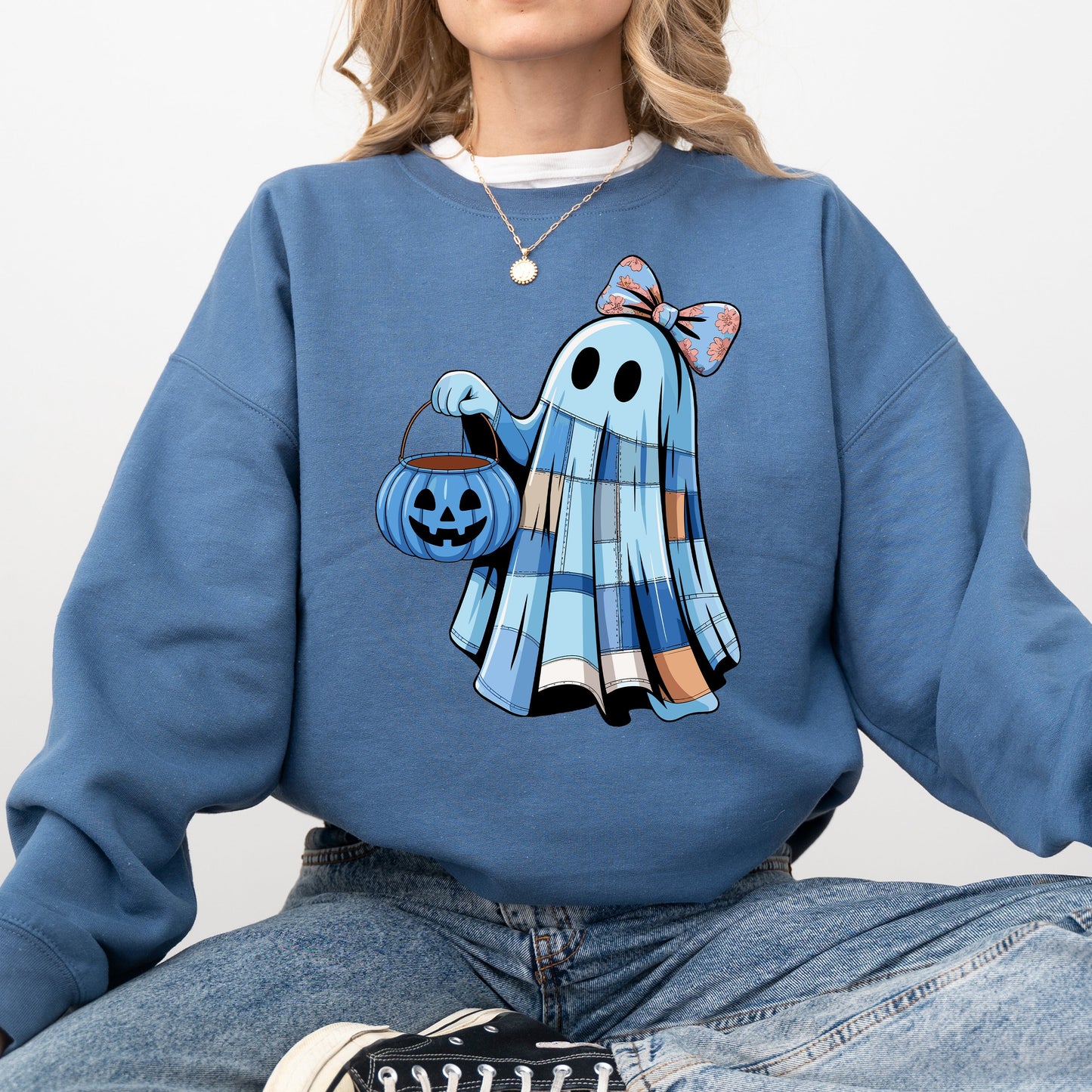 Cute Blue Ghost, Patchwork, Trick or Treat, Witch, Bow, Coquette, Pumpkin, Halloween, Floral, Retro, Spooky, Costume, Fall, Graphic Sweatshirt