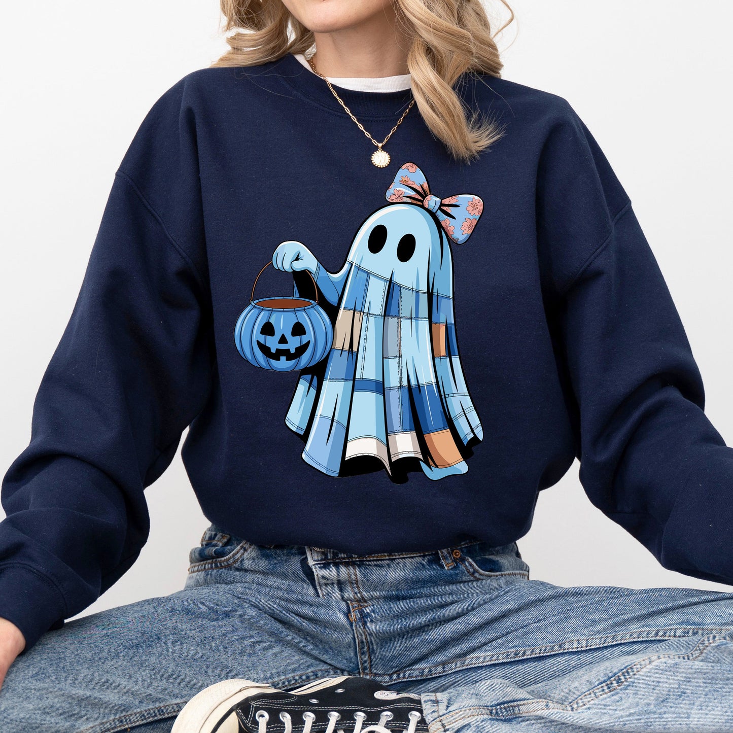 Cute Blue Ghost, Patchwork, Trick or Treat, Witch, Bow, Coquette, Pumpkin, Halloween, Floral, Retro, Spooky, Costume, Fall, Graphic Sweatshirt