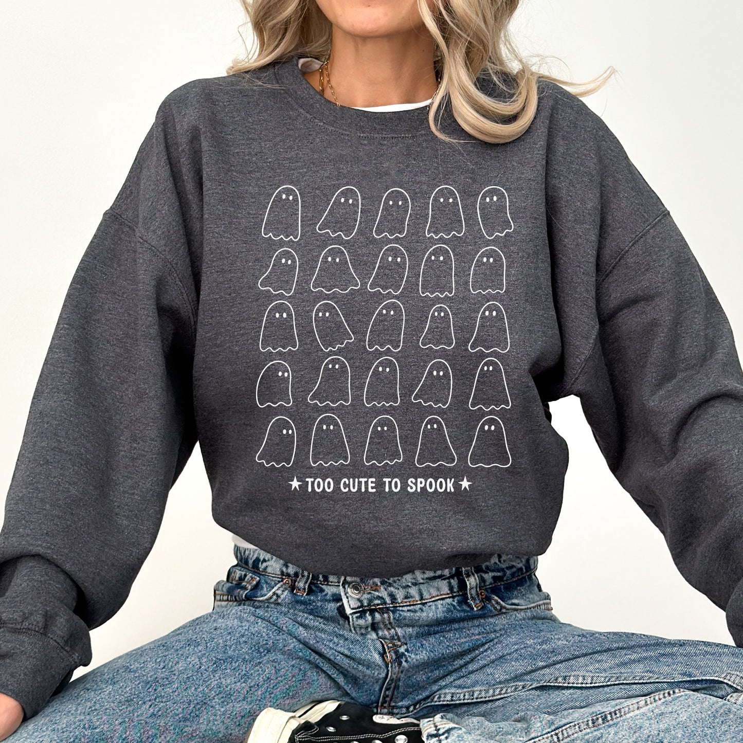 Too Cute to Spook, Mini Ghosts, Halloween, Vintage, Pumpkin, Retro, Spooky, Costume, Fall, Graphic Sweatshirt