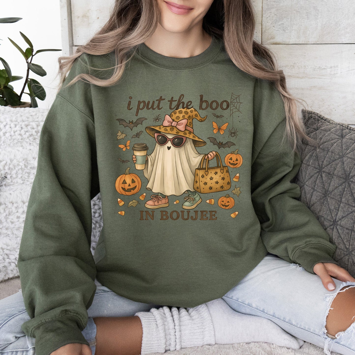 Boujee Ghost, Fancy, Halloween, Vintage, Pumpkin, Retro, Spooky, Costume, Fall, Graphic Sweatshirt
