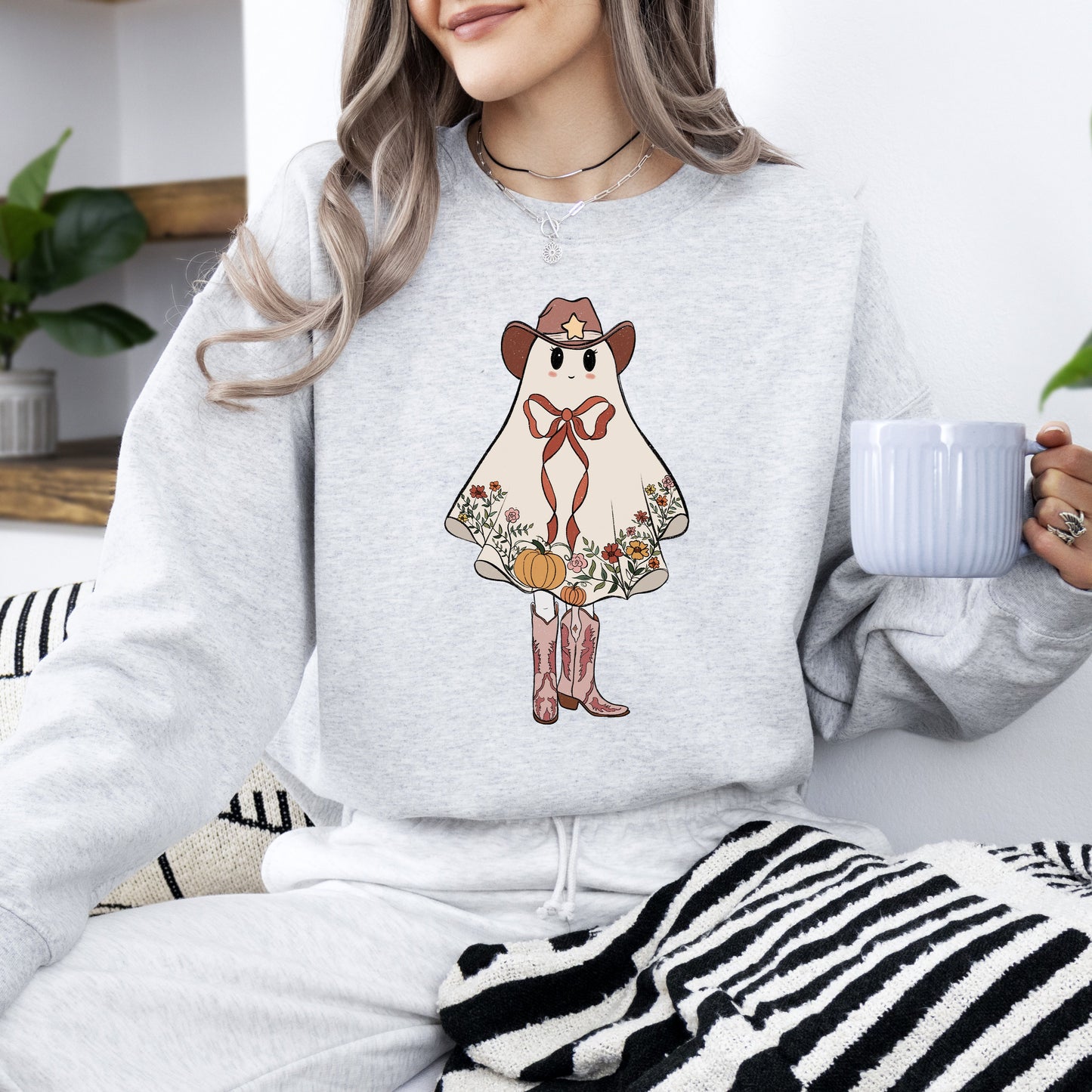 Cute Cowgirl Ghost, Halloween, Western, Vintage, Pumpkin, Retro, Spooky, Costume, Fall, Graphic Sweatshirt