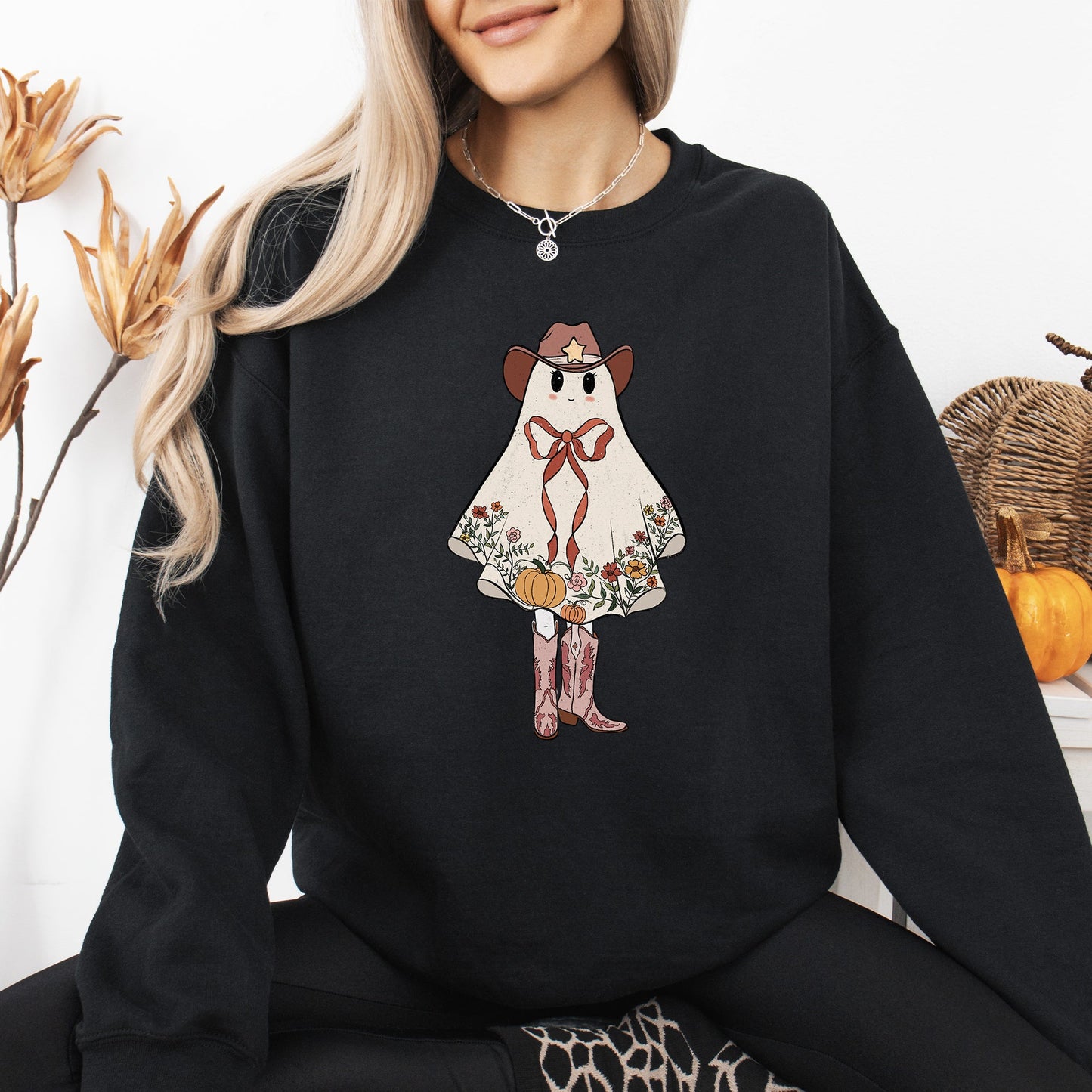 Cute Cowgirl Ghost, Halloween, Western, Vintage, Pumpkin, Retro, Spooky, Costume, Fall, Graphic Sweatshirt