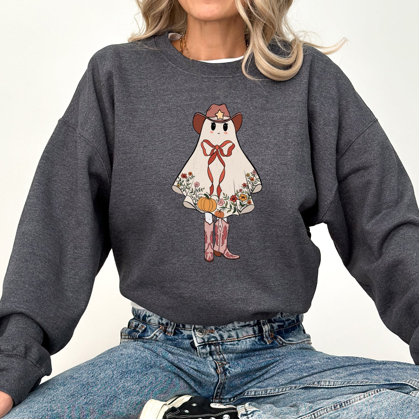 Cute Cowgirl Ghost, Halloween, Western, Vintage, Pumpkin, Retro, Spooky, Costume, Fall, Graphic Sweatshirt