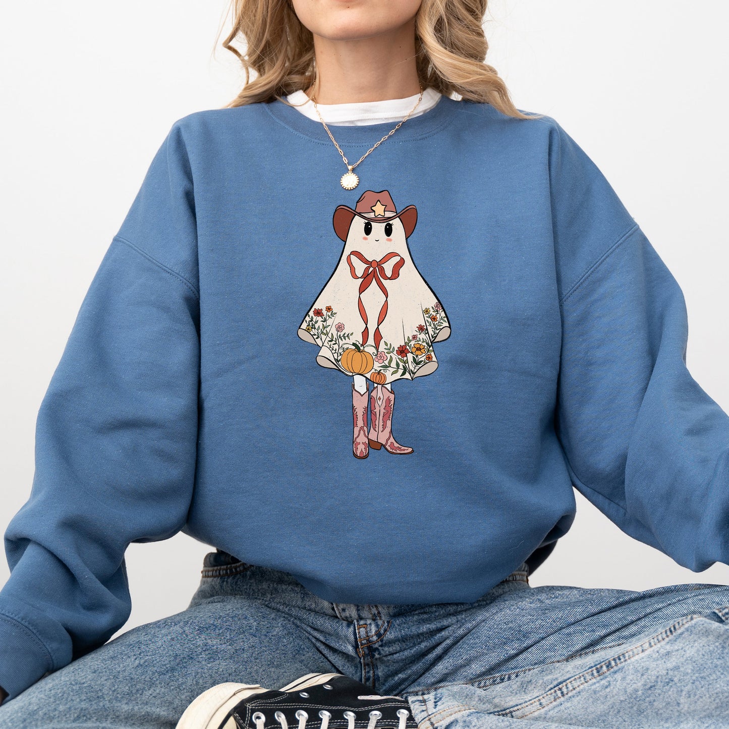Cute Cowgirl Ghost, Halloween, Western, Vintage, Pumpkin, Retro, Spooky, Costume, Fall, Graphic Sweatshirt