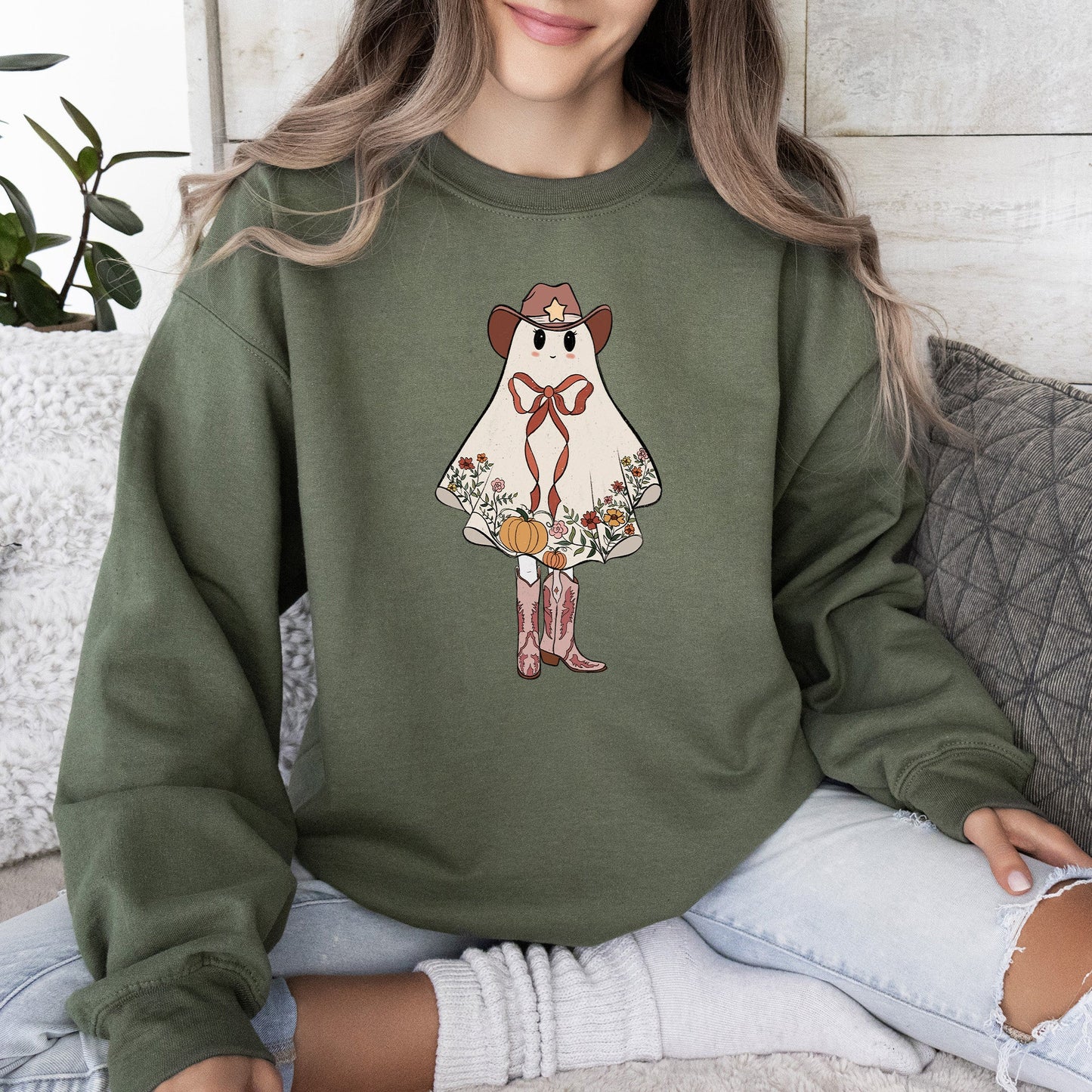 Cute Cowgirl Ghost, Halloween, Western, Vintage, Pumpkin, Retro, Spooky, Costume, Fall, Graphic Sweatshirt