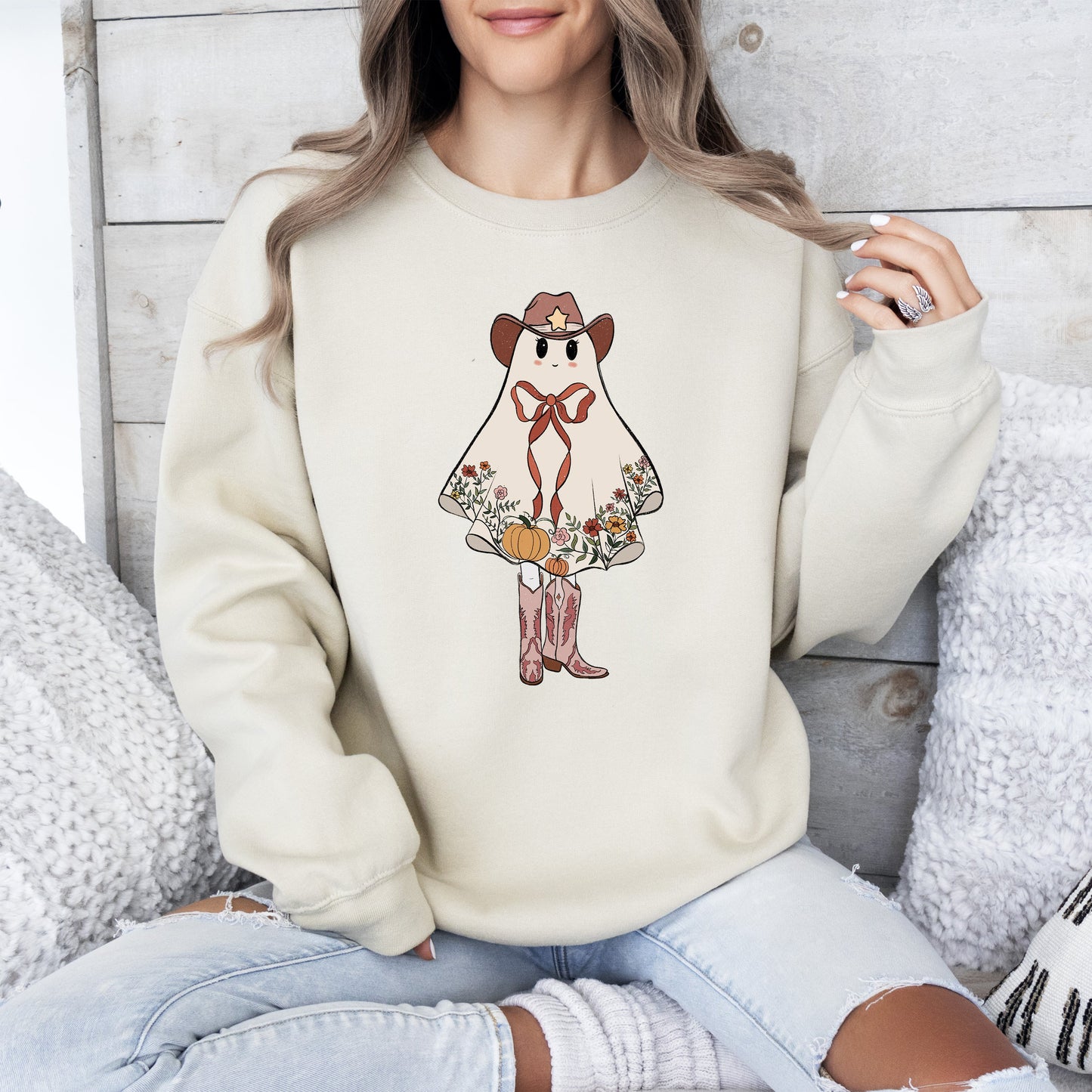 Cute Cowgirl Ghost, Halloween, Western, Vintage, Pumpkin, Retro, Spooky, Costume, Fall, Graphic Sweatshirt