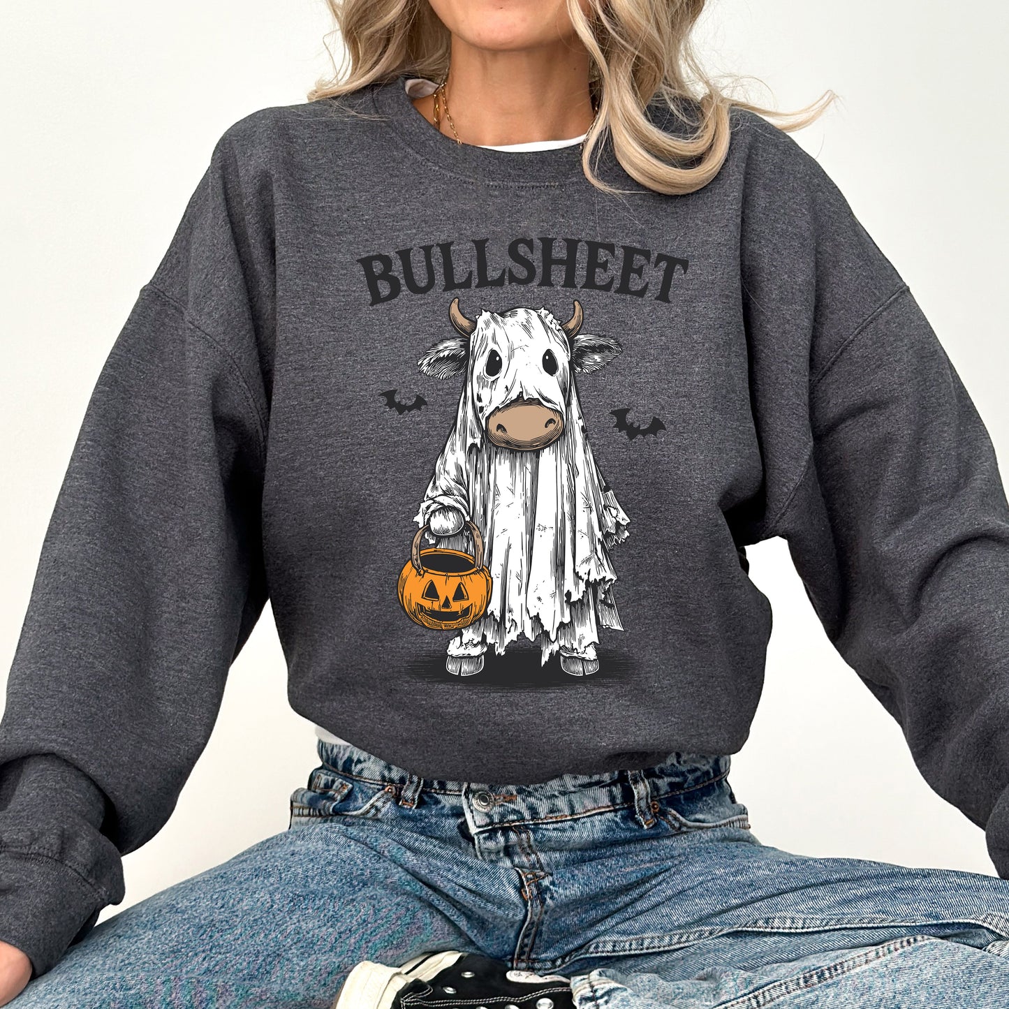 Bullsheet, Funny Halloween Cow Ghost, Bull, Farm, Vintage, Western, Pumpkin, Retro, Spooky, Costume, Fall, Graphic Sweatshirt