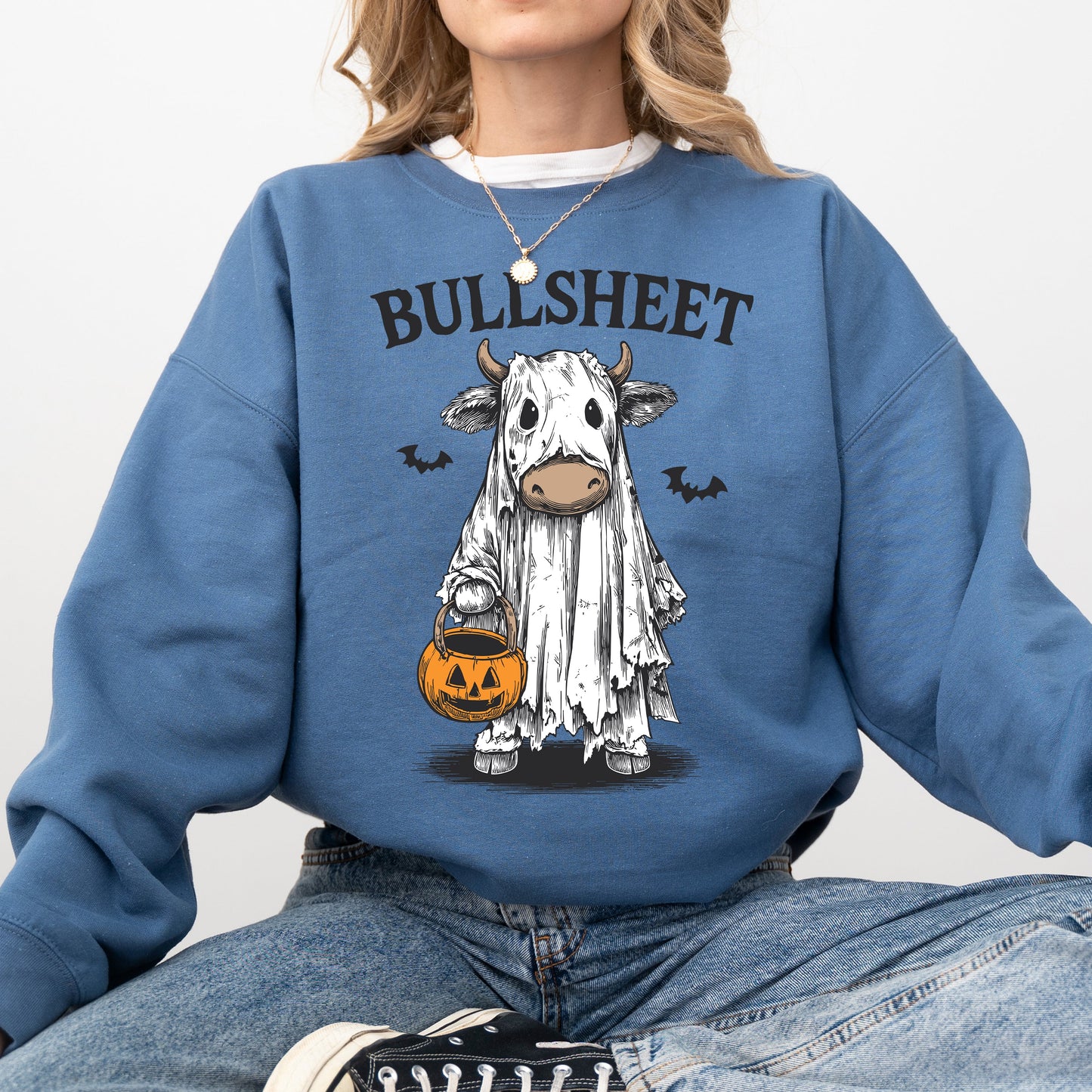 Bullsheet, Funny Halloween Cow Ghost, Bull, Farm, Vintage, Western, Pumpkin, Retro, Spooky, Costume, Fall, Graphic Sweatshirt