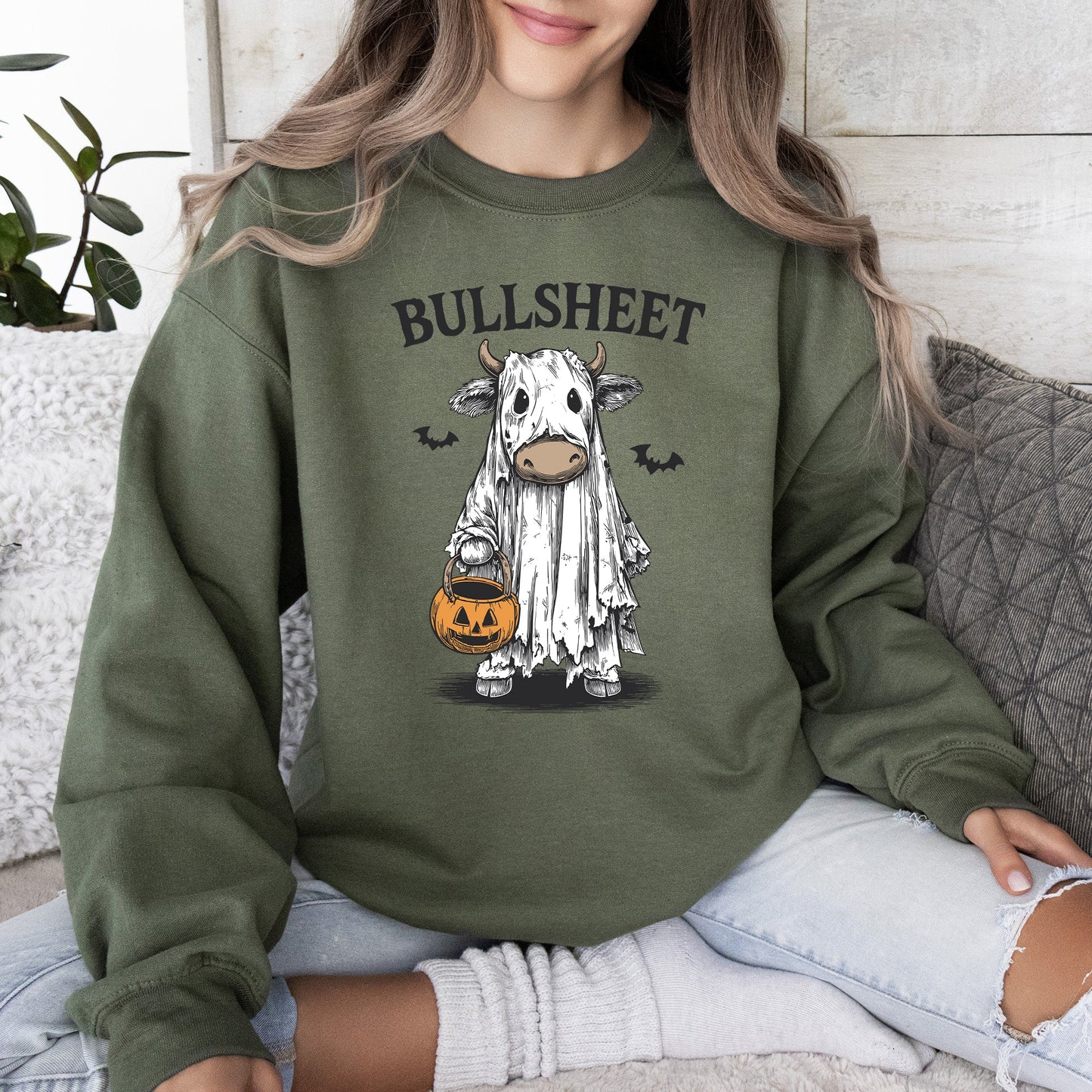 Bullsheet, Funny Halloween Cow Ghost, Bull, Farm, Vintage, Western, Pumpkin, Retro, Spooky, Costume, Fall, Graphic Sweatshirt