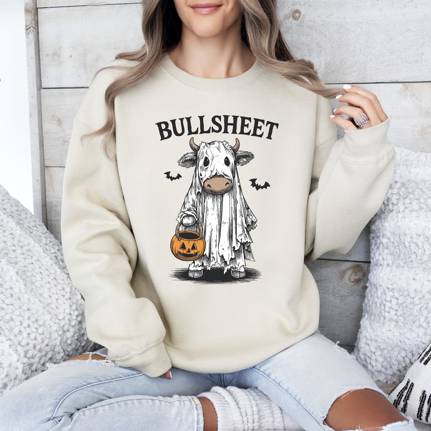 Bullsheet, Funny Halloween Cow Ghost, Bull, Farm, Vintage, Western, Pumpkin, Retro, Spooky, Costume, Fall, Graphic Sweatshirt