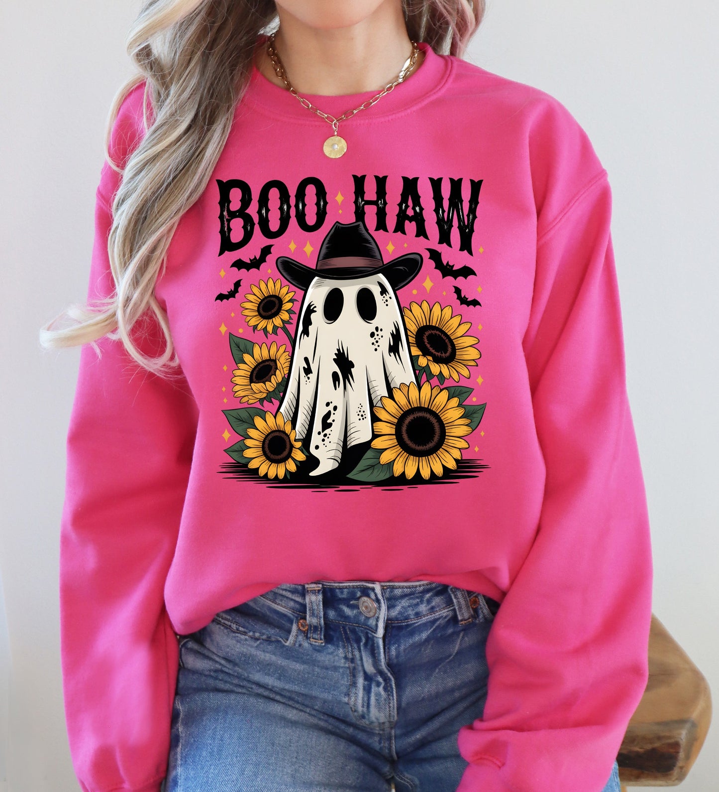 Boo Haw, Cowboy Ghost, Halloween, Western, Sunflowers, Vintage, Pumpkin, Retro, Spooky, Costume, Fall, Graphic Sweatshirt
