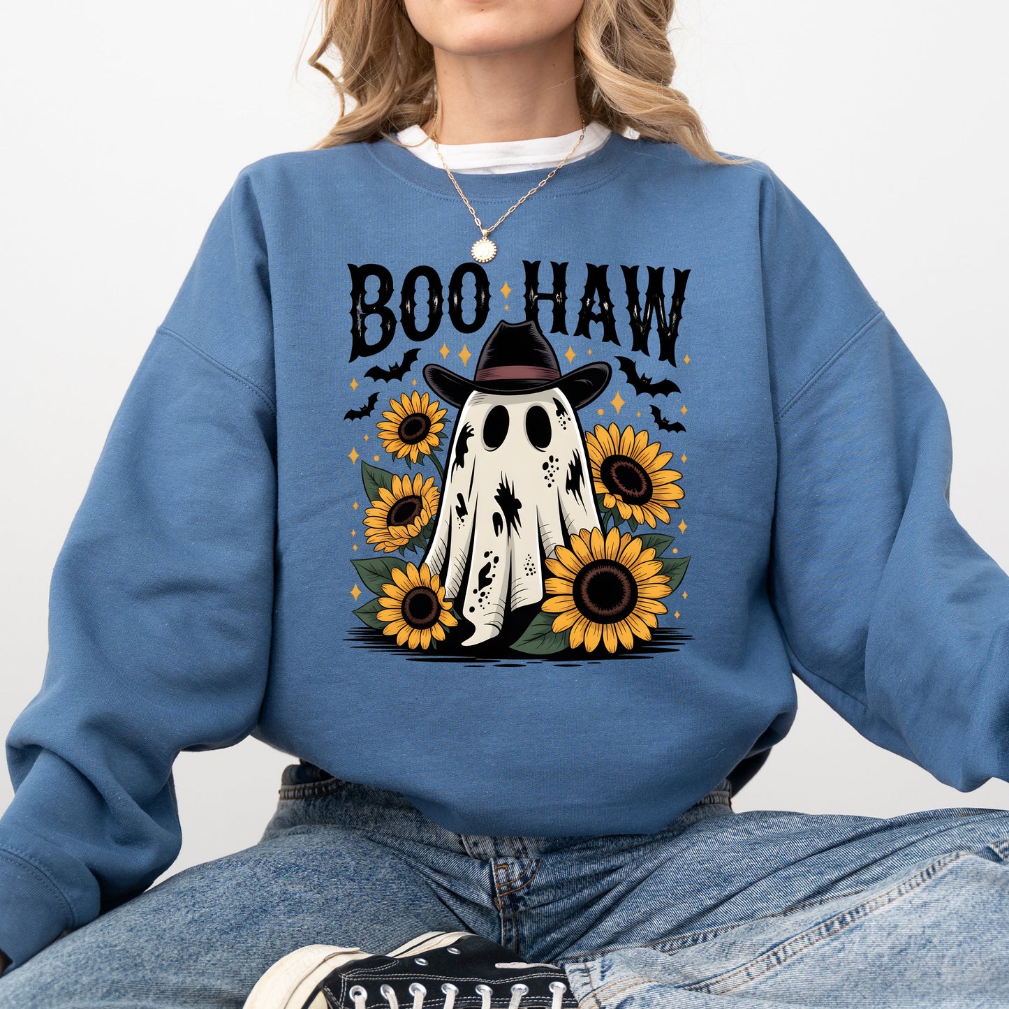 Boo Haw, Cowboy Ghost, Halloween, Western, Sunflowers, Vintage, Pumpkin, Retro, Spooky, Costume, Fall, Graphic Sweatshirt
