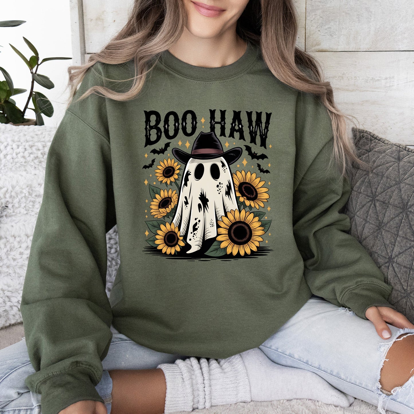 Boo Haw, Cowboy Ghost, Halloween, Western, Sunflowers, Vintage, Pumpkin, Retro, Spooky, Costume, Fall, Graphic Sweatshirt